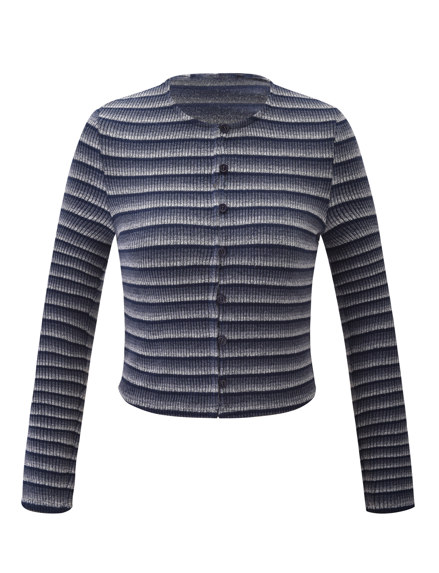 The TIMARA CARDIGAN - NAVY STRIP by TIGERMIST is a long-sleeve, navy striped knit cardigan with space-dyed yarns, round neckline, and front mini button closure, shown on a plain white background.