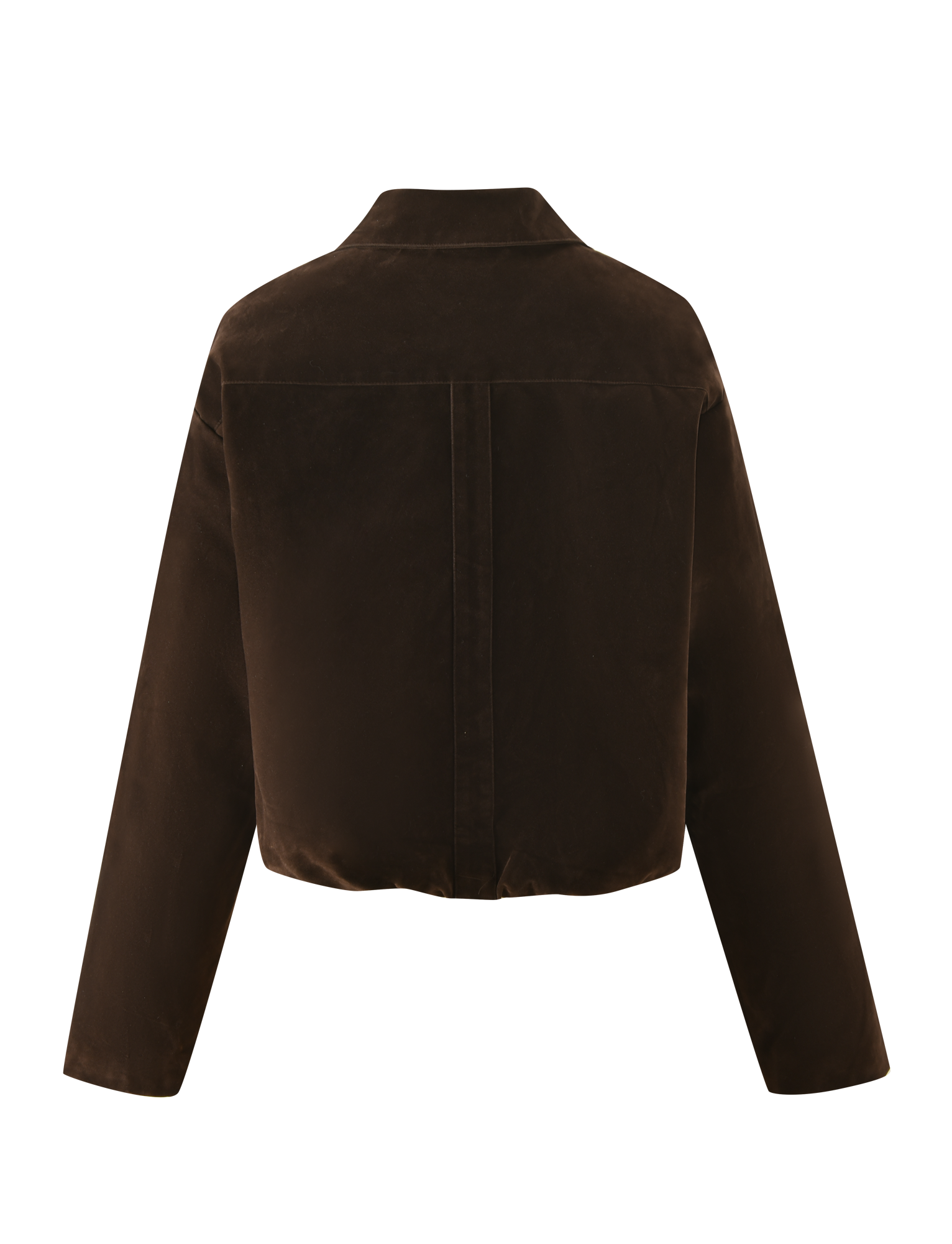 Back view of the TIGERMIST CAMELLIA BOMBER JACKET in chocolate suede, a long-sleeve, cropped design with a straight collar and visible center seam, finished in a distressed vintage wash.