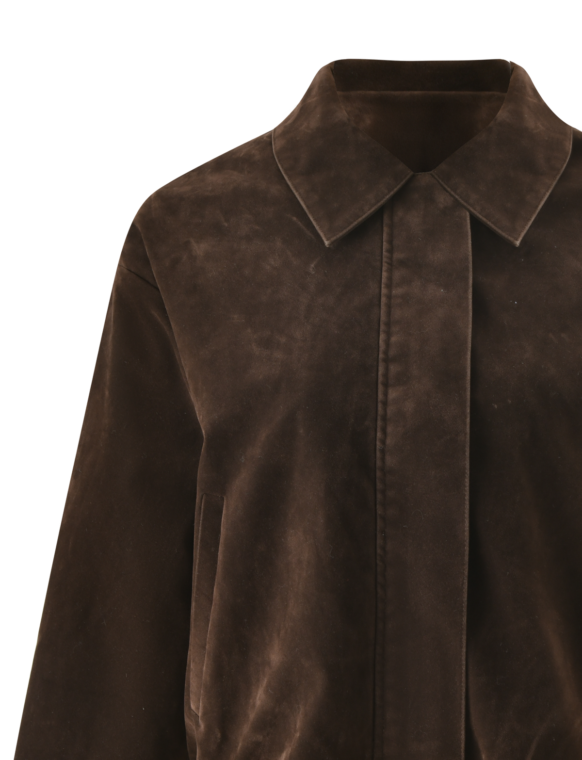 A close-up of the TIGERMIST CAMELLIA BOMBER JACKET in chocolate suede, featuring a collar, long sleeves, and a concealed front closure in a dark brown distressed finish.