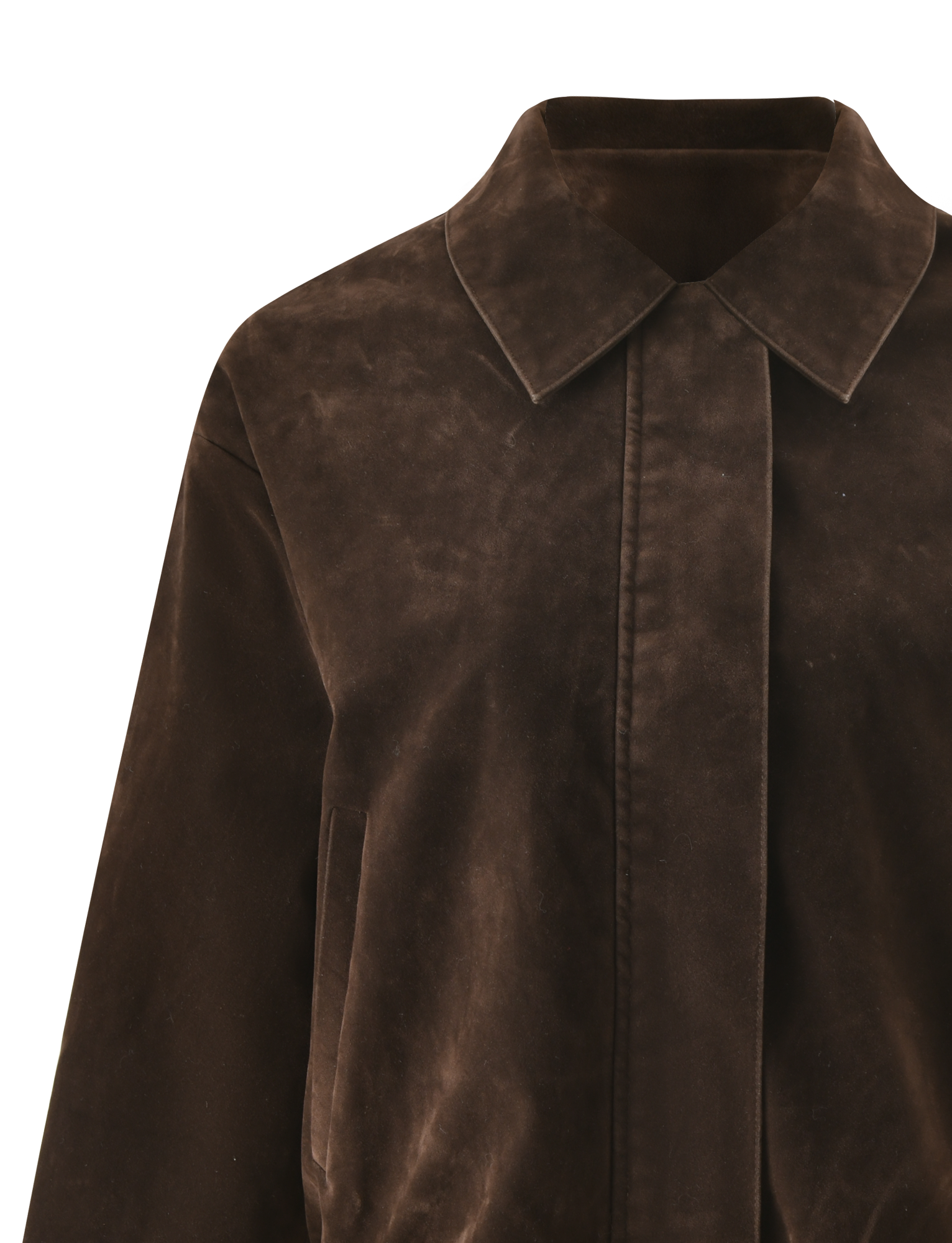 A close-up of the TIGERMIST CAMELLIA BOMBER JACKET in chocolate suede, featuring a collar, long sleeves, and a concealed front closure in a dark brown distressed finish.