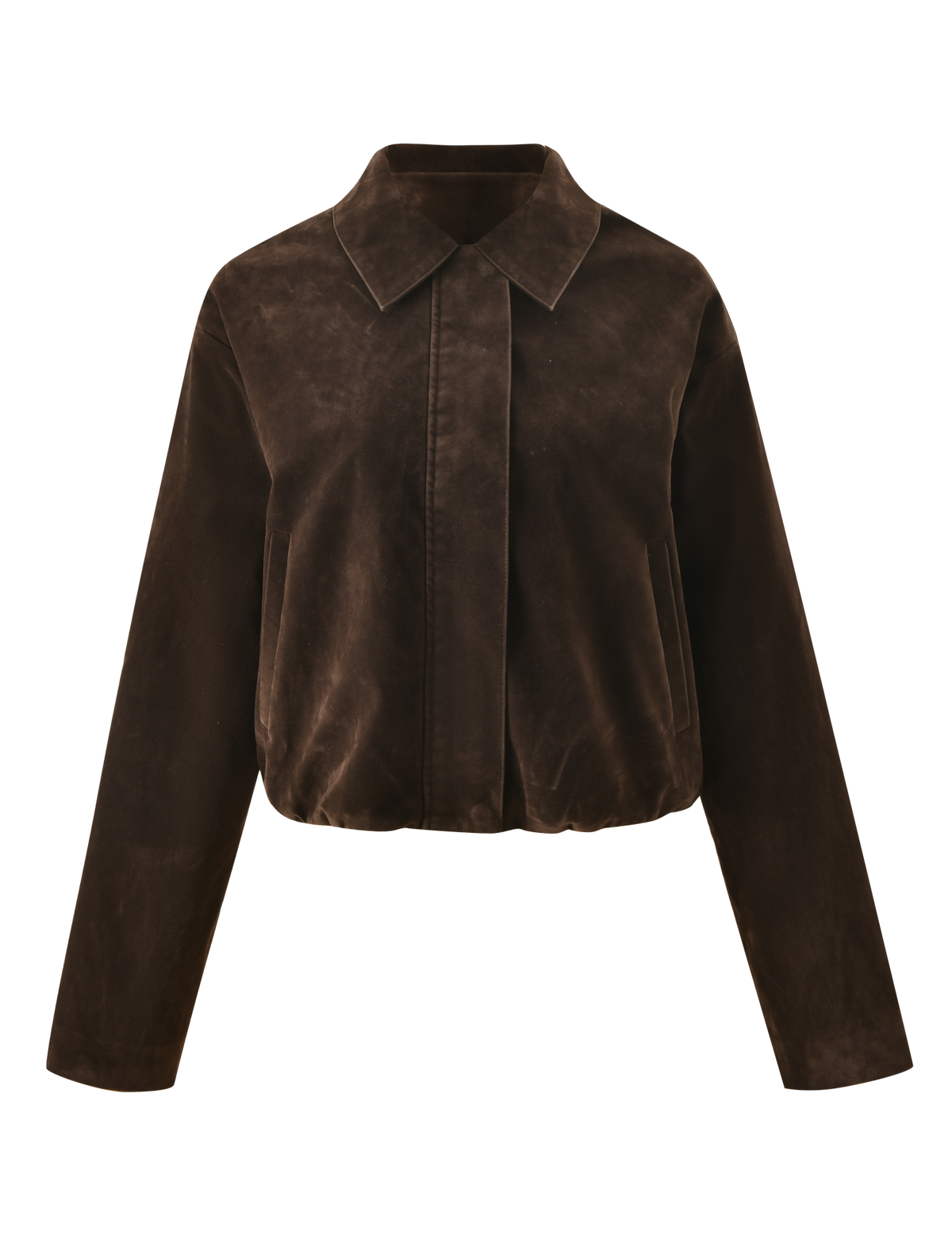 The CAMELLIA BOMBER JACKET by TIGERMIST features chocolate suede in a vintage wash, with a pointed collar, long sleeves, concealed front closure, subtle stitching, and a slightly cropped relaxed fit.