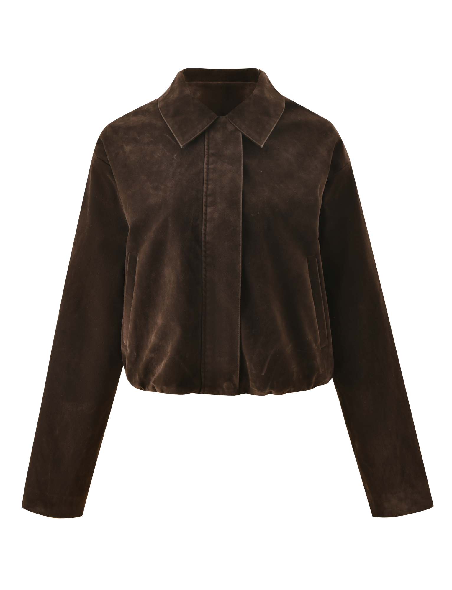 The CAMELLIA BOMBER JACKET by TIGERMIST features chocolate suede in a vintage wash, with a pointed collar, long sleeves, concealed front closure, subtle stitching, and a slightly cropped relaxed fit.