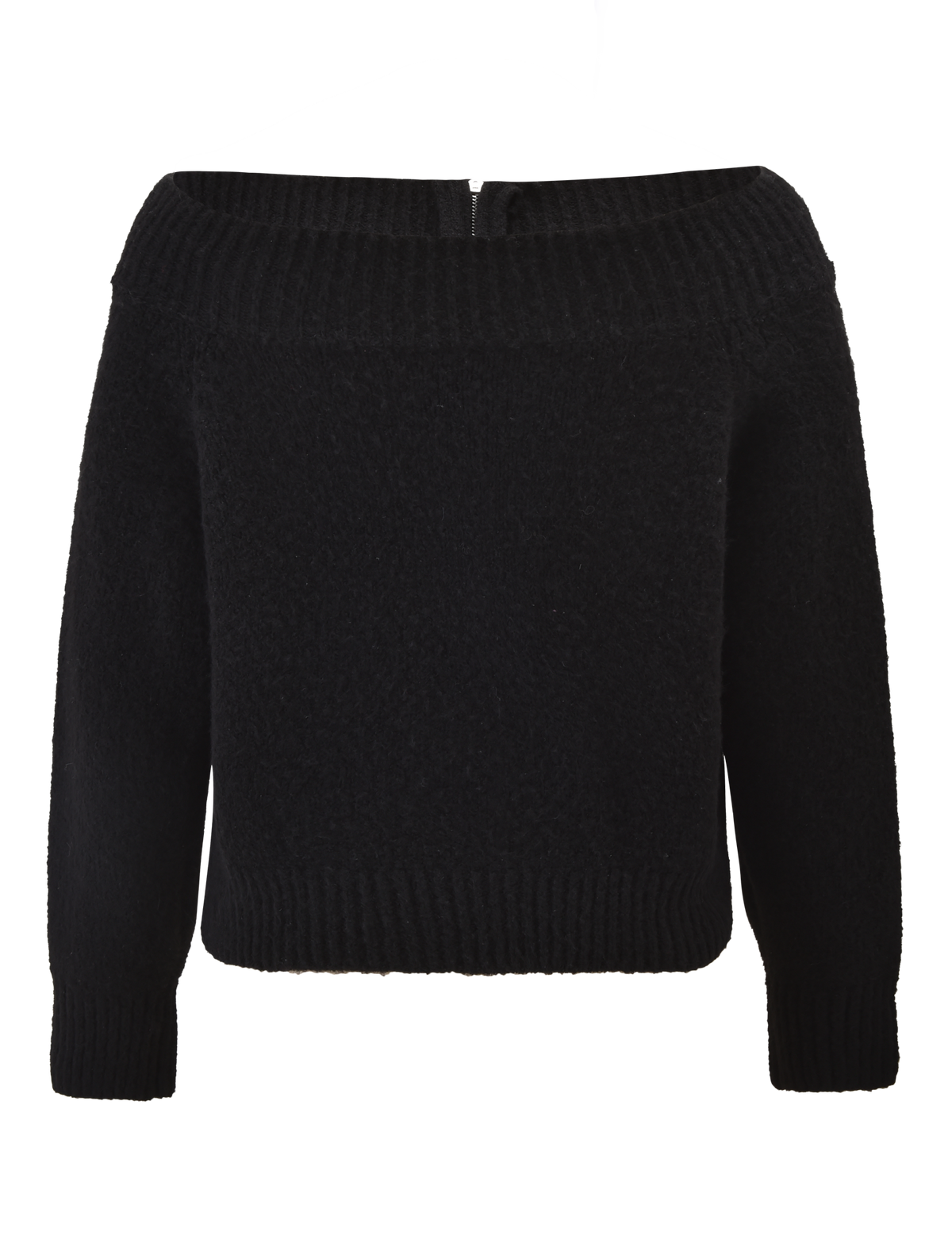 The LUNETTE JUMPER - BLACK by TIGERMIST is a cozy, black, long-sleeve off-the-shoulder sweater featuring a wide ribbed collar, ribbed cuffs and hem, displayed on a plain white background.