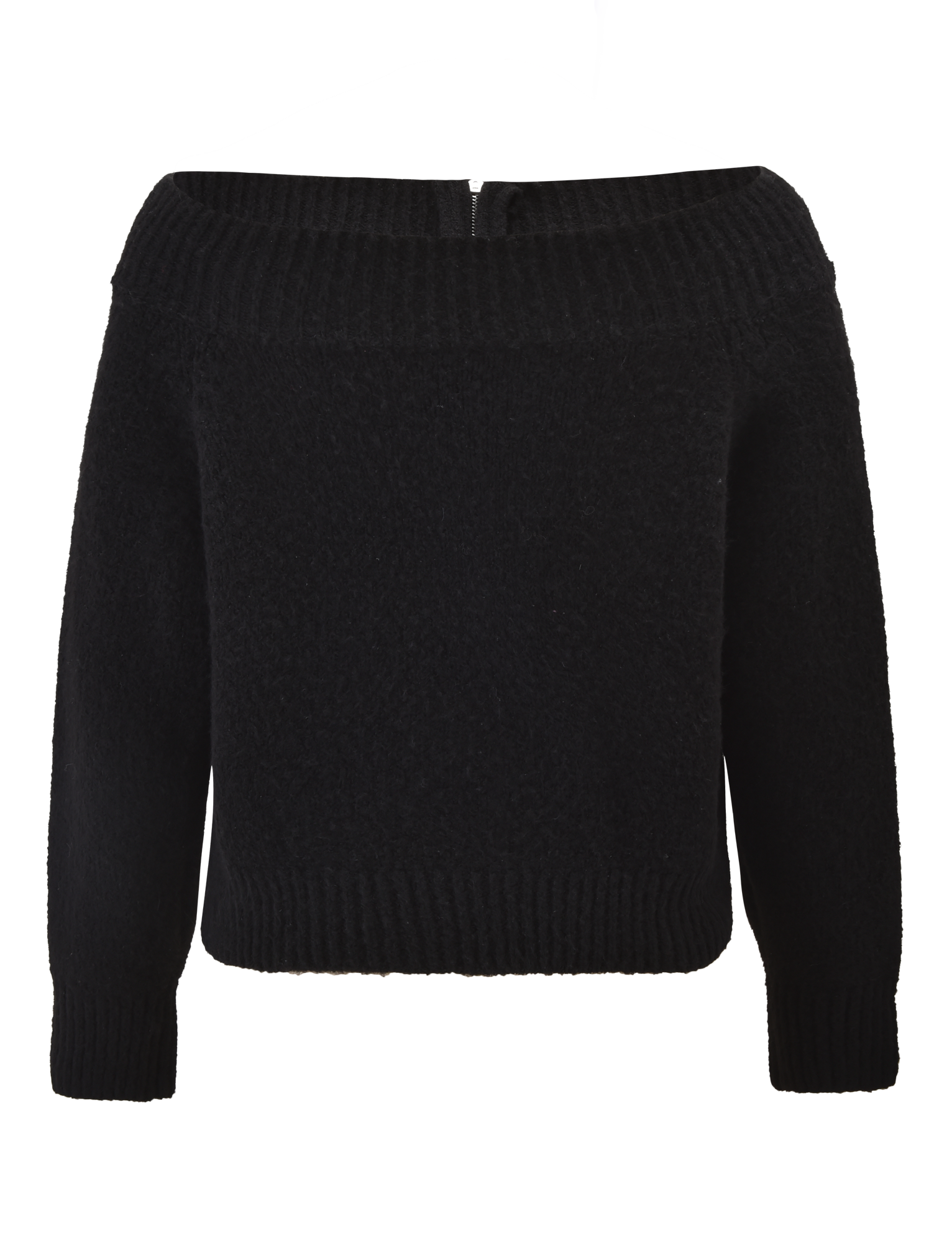 The TIGERMIST LUNETTE JUMPER - BLACK is a cozy, long-sleeve off-the-shoulder knit sweater with ribbed cuffs and hem, shown against a white background.
