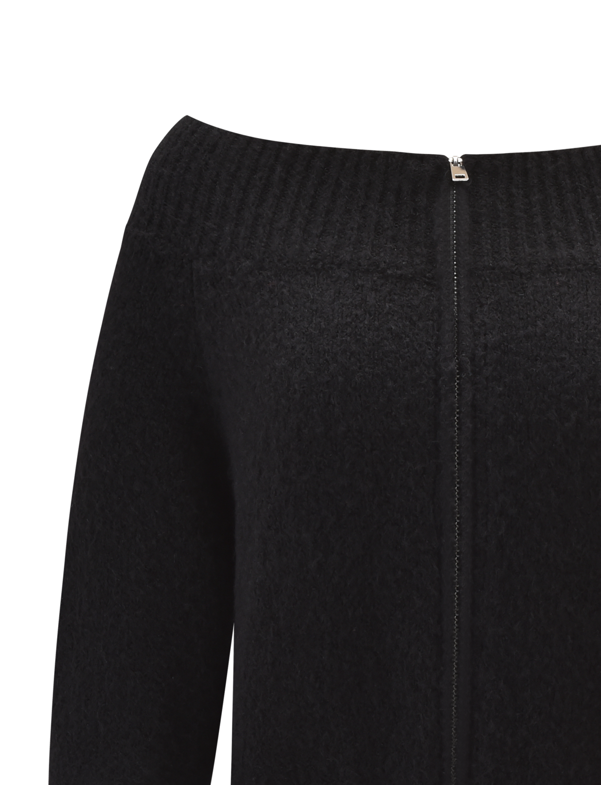 Close-up of the TIGERMIST LUNETTE JUMPER - BLACK, featuring a cozy textured knit fabric and a prominent silver zipper running vertically down the center front. The off-the-shoulder design adds a stylish touch.