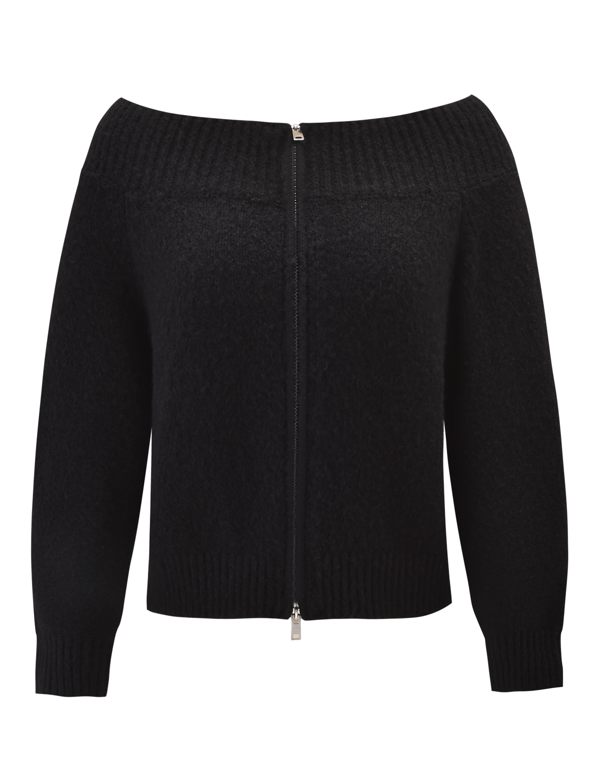 The LUNETTE JUMPER - BLACK by TIGERMIST is a black off-the-shoulder knit sweater with long sleeves, ribbed cuffs and neckline, a silver zip from hem to neck, and soft textured fabric for style and comfort.