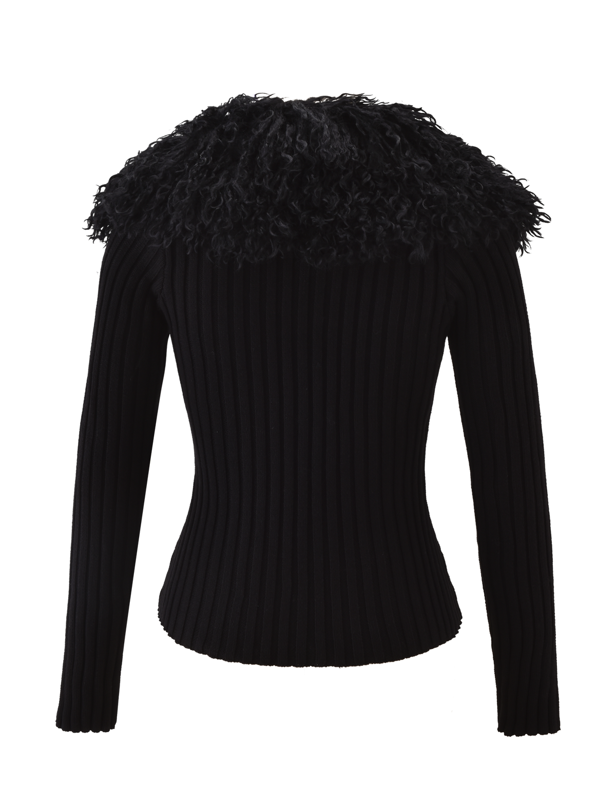 The TIGERMIST BRISA Jumper in black features long sleeves, a fitted ribbed knit design, and a wide, curly textured collar. Shown from the back against a plain white background.