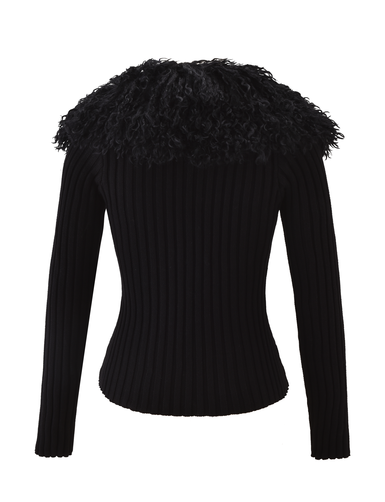 The TIGERMIST BRISA Jumper in black features long sleeves, a fitted ribbed knit design, and a wide, curly textured collar. Shown from the back against a plain white background.