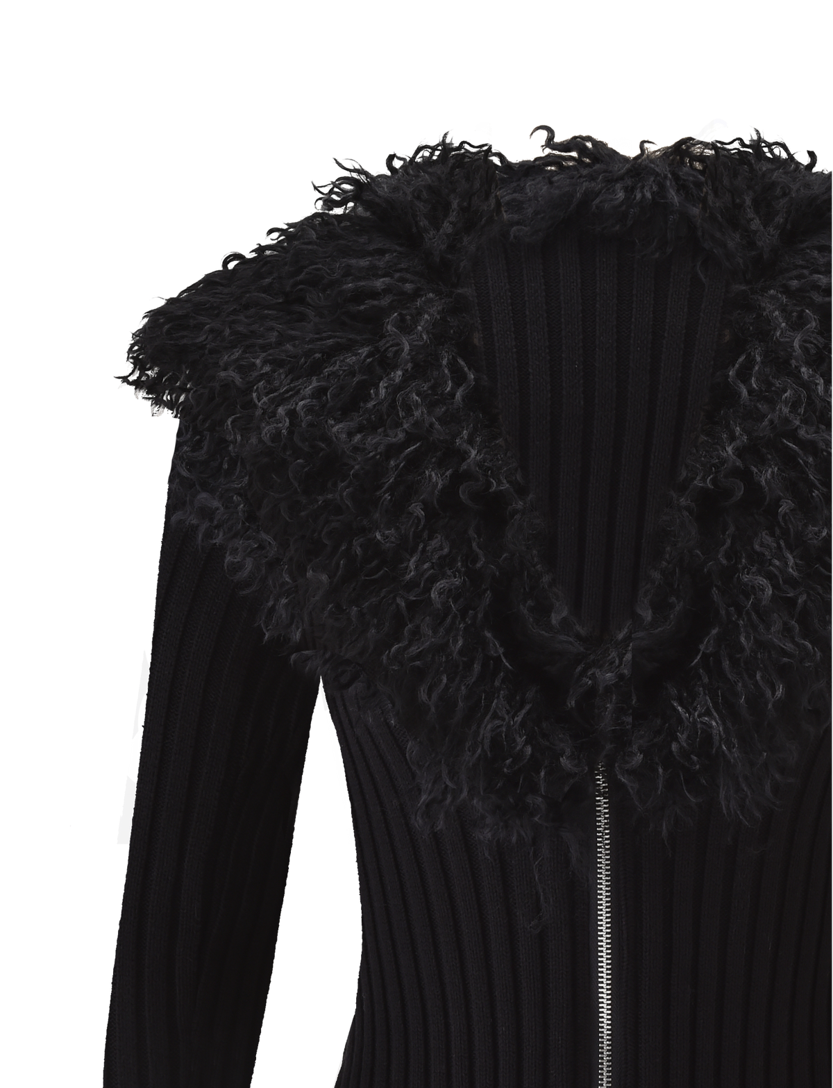 A close-up of the TIGERMIST BRISA JUMPER in black, featuring a ribbed knit design, oversized faux fur collar, and a prominent silver front zipper.