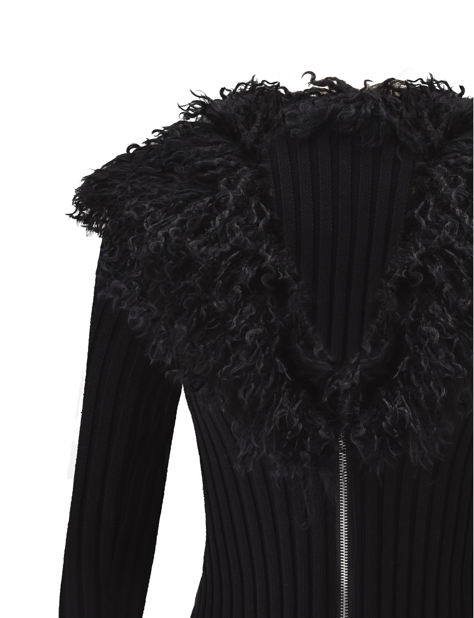 A close-up of the TIGERMIST BRISA JUMPER in black, featuring a ribbed knit design, oversized faux fur collar, and a prominent silver front zipper.