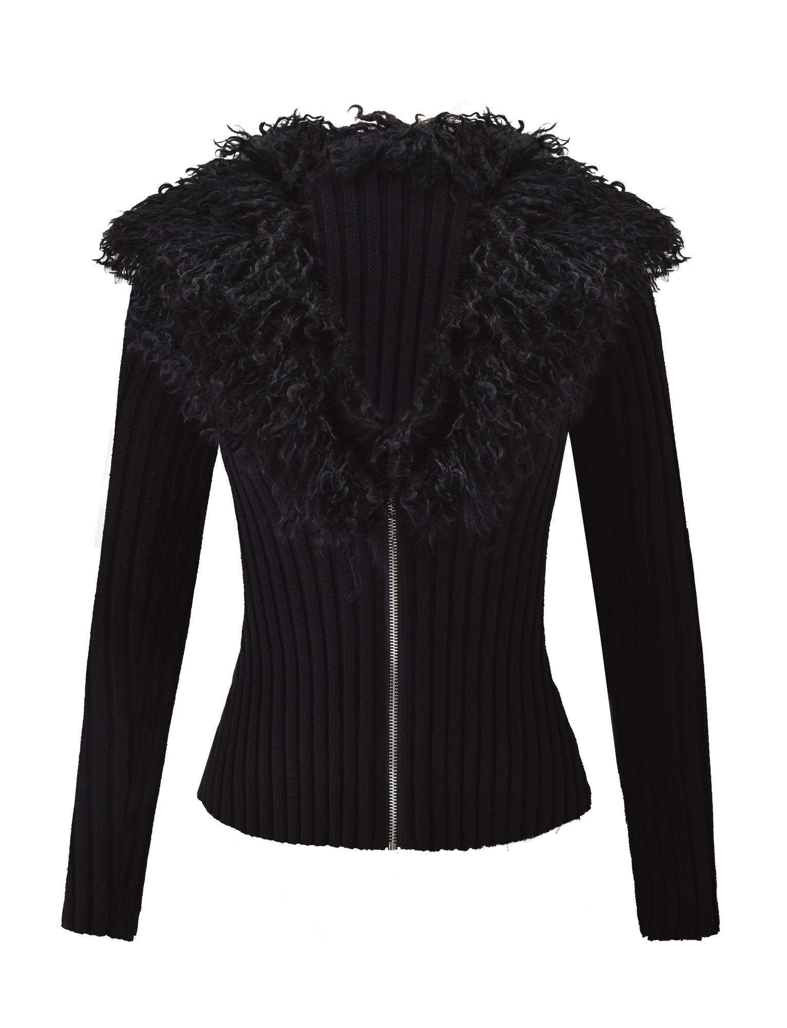 The BRISA JUMPER by TIGERMIST is a black, long-sleeve ribbed cardigan featuring a large faux fur collar, fitted silhouette, and sleek silver zipper, shown against a white background.