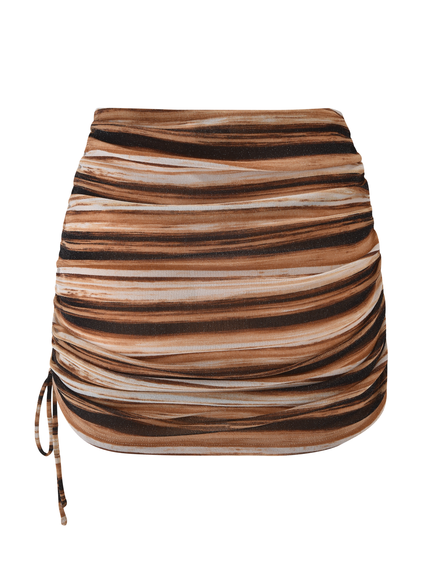The TIGERMIST BRAELYN MINI SKIRT - BROWN STRIPE features horizontal brown, black, and beige stripes with ruched details and a side drawstring accent, shown on a white background.