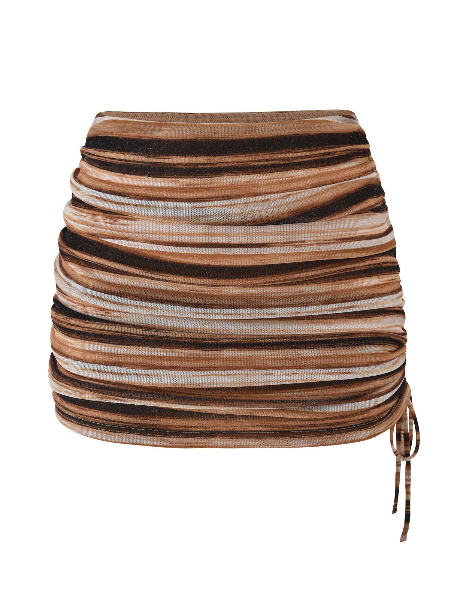 The BRAELYN MINI SKIRT - BROWN STRIPE by TIGERMIST features horizontal brown, tan, and white stripes, a fitted ruched silhouette, and a side drawstring tie.