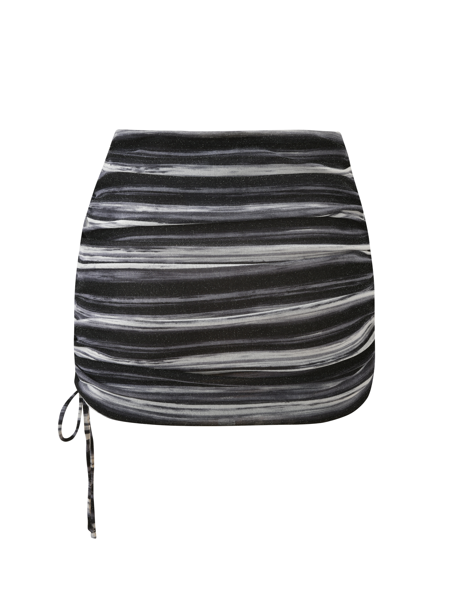 The BRAELYN MINI SKIRT - GREY STRIPE by TIGERMIST features sparkly horizontal white and grey stripes, a ruched left-side drawstring detail, and a fitted, slightly rounded silhouette.