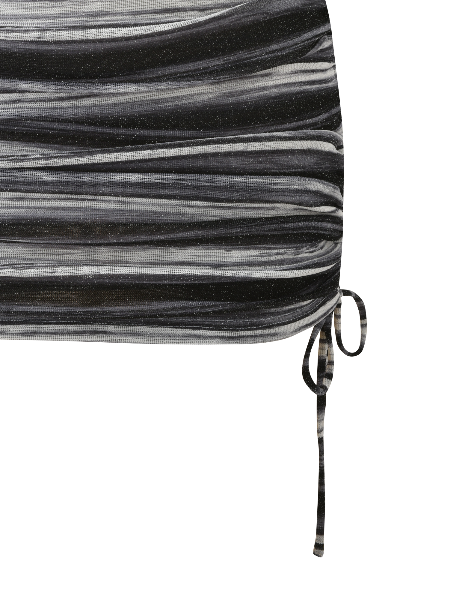 Close-up of the TIGERMIST BRAELYN MINI SKIRT in grey stripe, featuring sparkly ruching, black, white, and grey stripes, and a right-side drawstring tie against a white background.