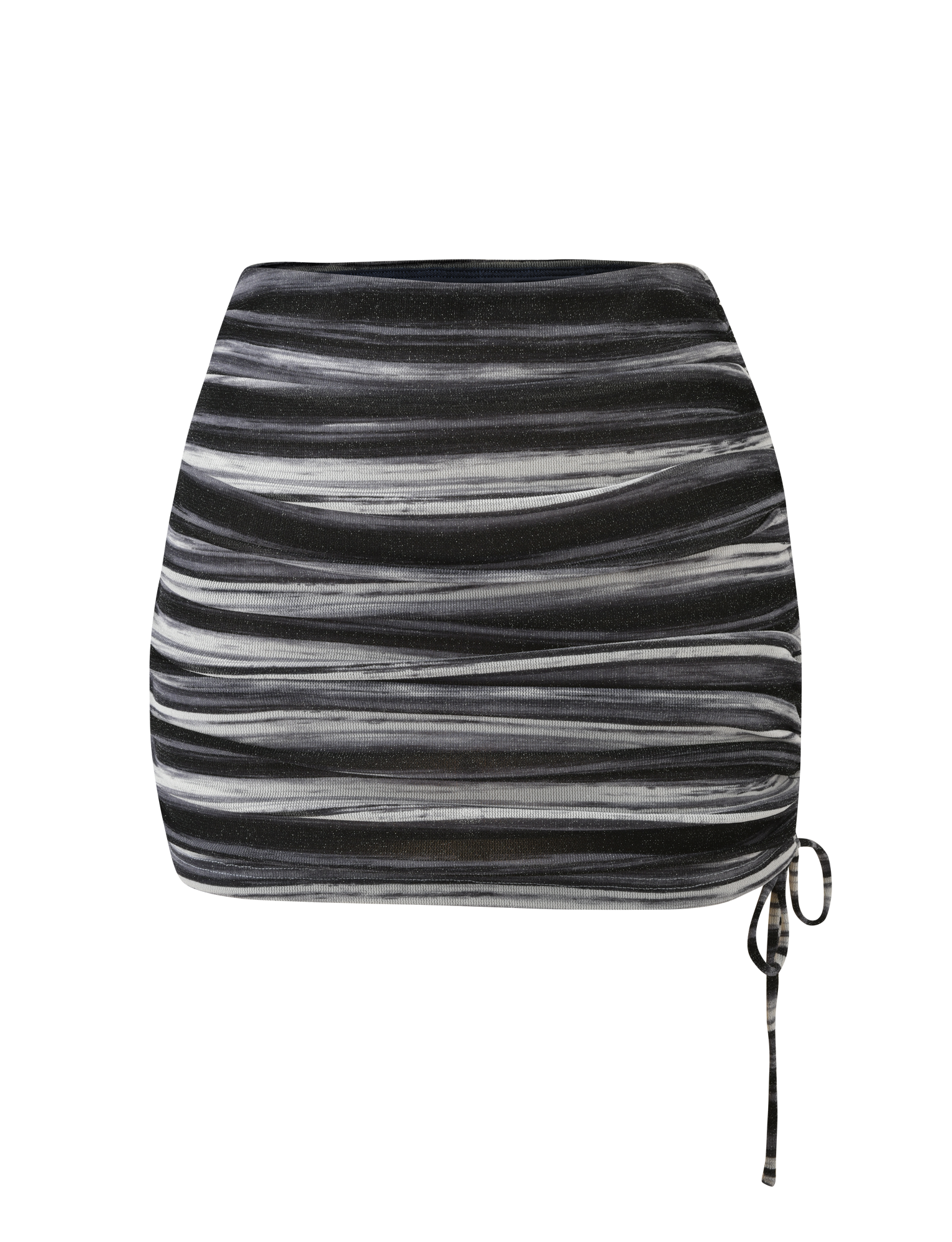 The BRAELYN MINI SKIRT by TIGERMIST features grey stripes, sparkly accents, ruching, and an adjustable right side drawstring, shown on a plain white background.