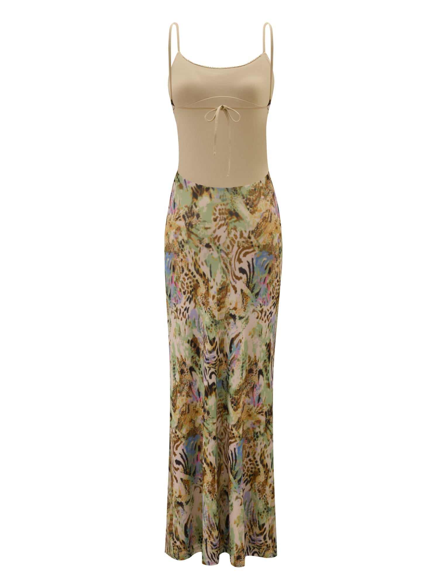 The ELYSIUM MAXI DRESS - ANIMAL SWIRL by TIGERMIST features a sleeveless yellow design with thin straps, a beige fitted bodice with a chest tie, and a long, flowy skirt decorated with bold animal and leaf prints.
