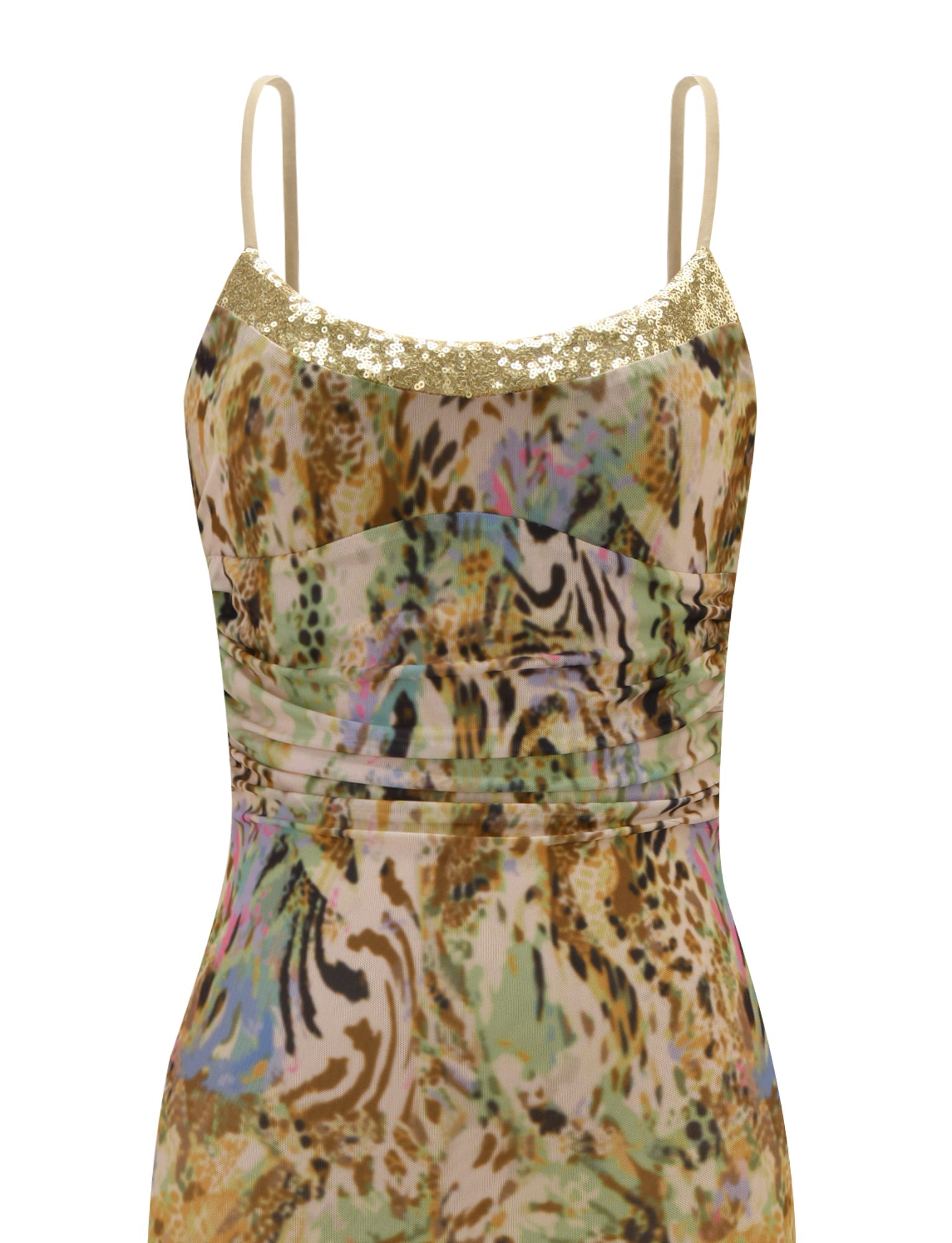 The TIGERMIST ELYSIUM MAXI DRESS - ANIMAL SWIRL is a sleeveless yellow maxi dress with thin straps, a sequin neckline, and an animal print pattern in brown, green, and blue.