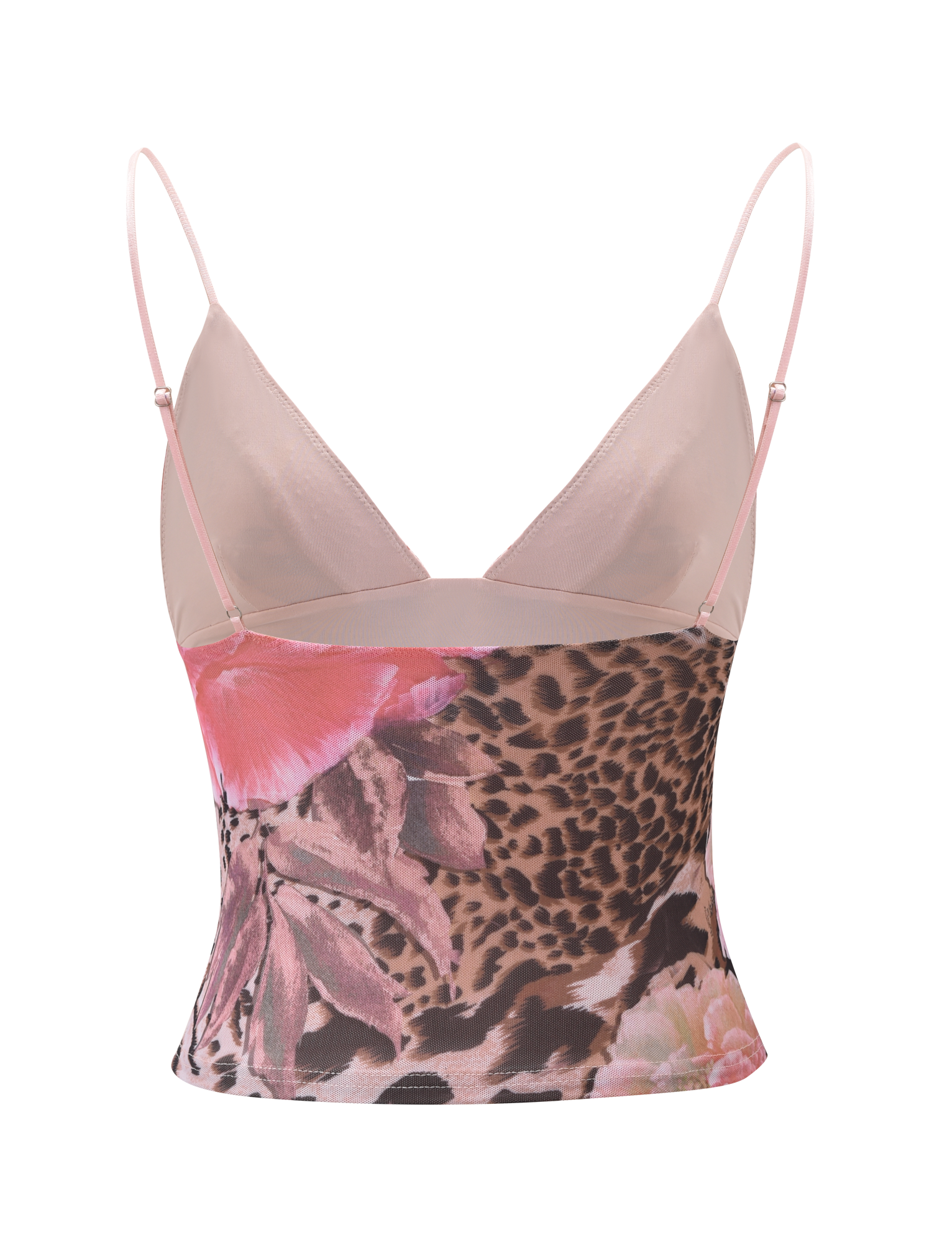 The TIGERMIST FENELLA TOP - ANIMALIER FLORAL is a fitted, sleeveless mesh cami with adjustable pink straps, a V-neckline, and bold leopard and pink floral prints.