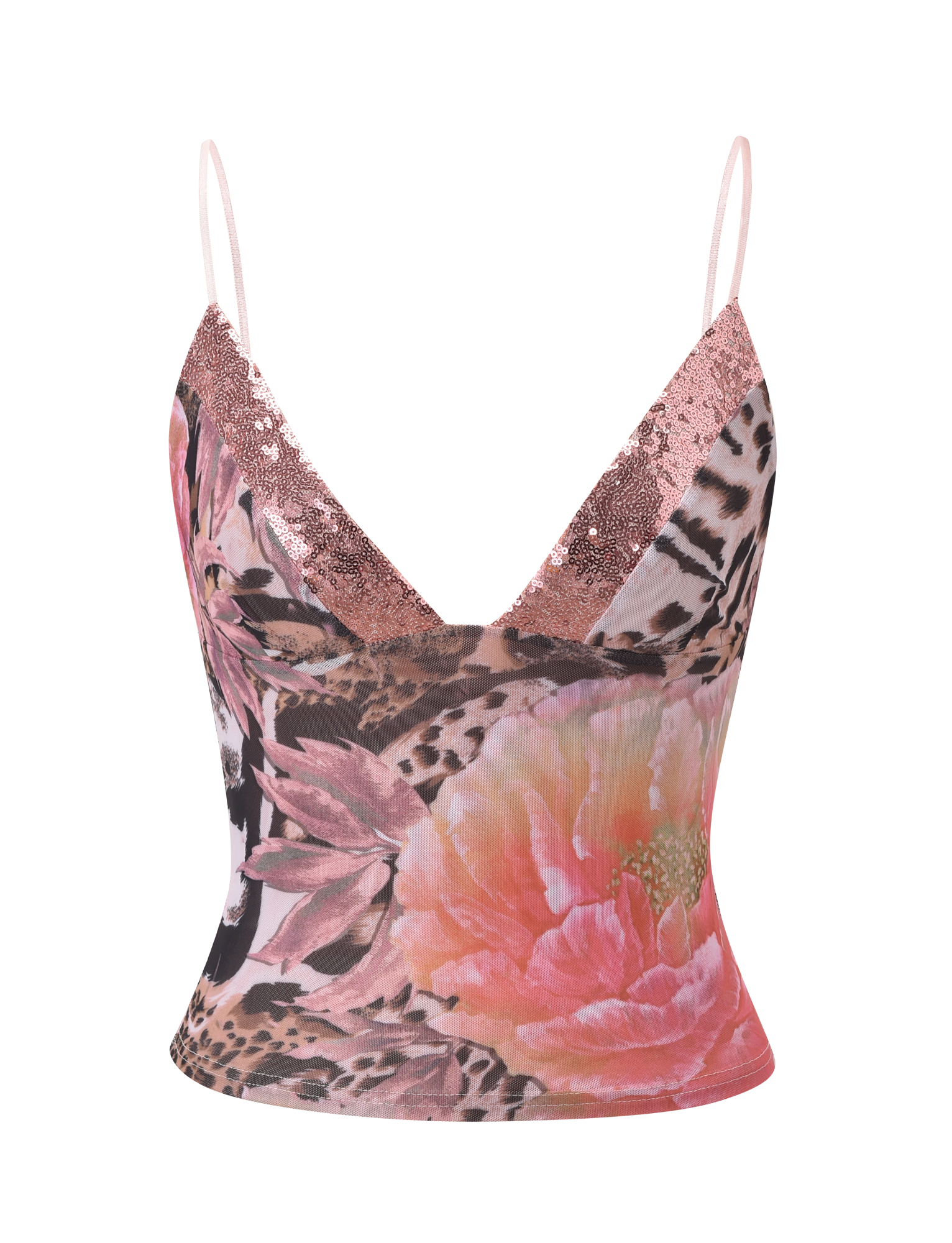 The FENELLA TOP - ANIMALIER FLORAL by TIGERMIST features thin straps, a deep V-neckline with rose gold sequin trim, and bold leopard print with large pink flowers for a striking look.