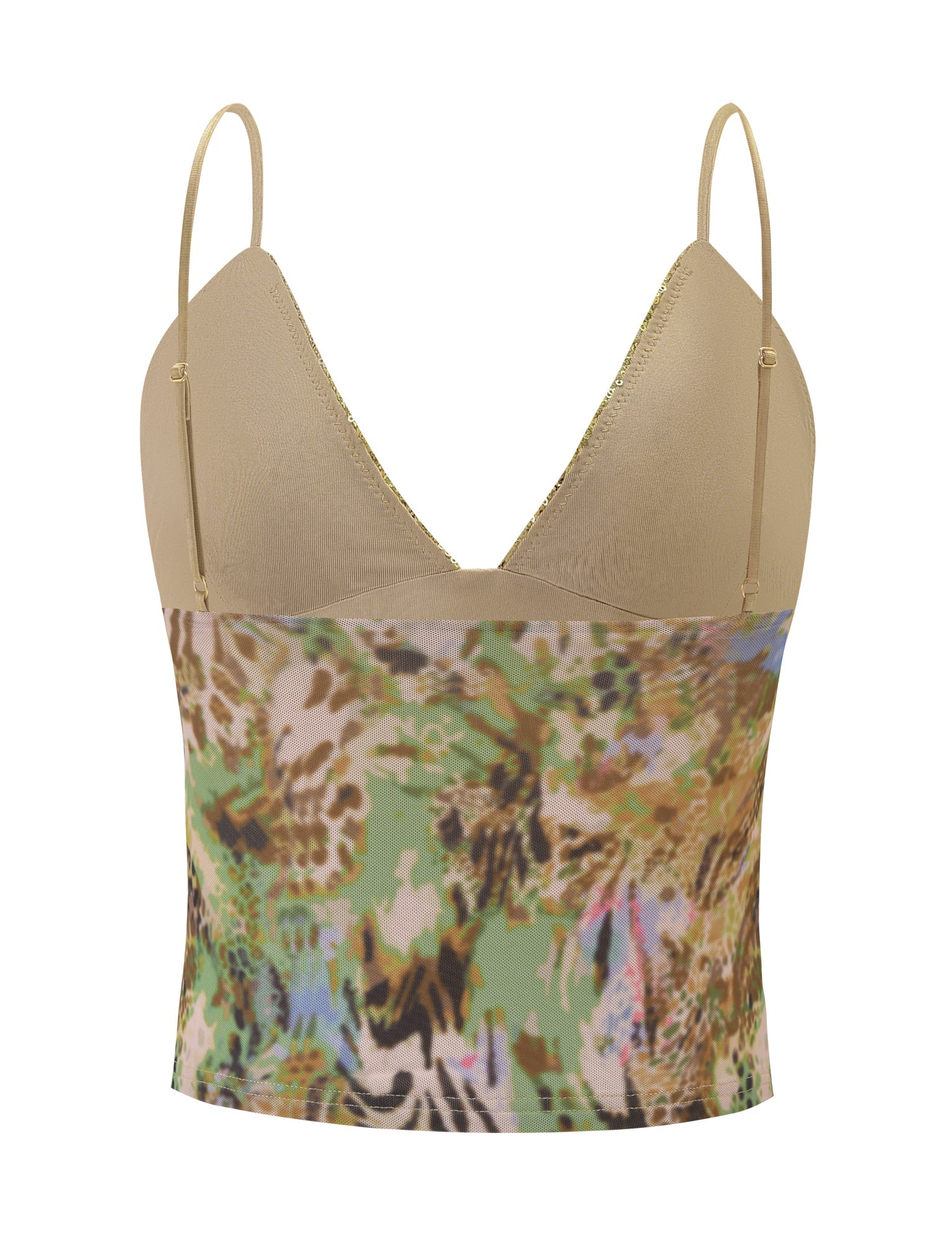 The FENELLA TOP - ANIMAL SWIRL by TIGERMIST is a beige cropped mesh cami with thin adjustable straps, a fitted bodice, and a multicolor abstract animal print in green, brown, black, and blue.