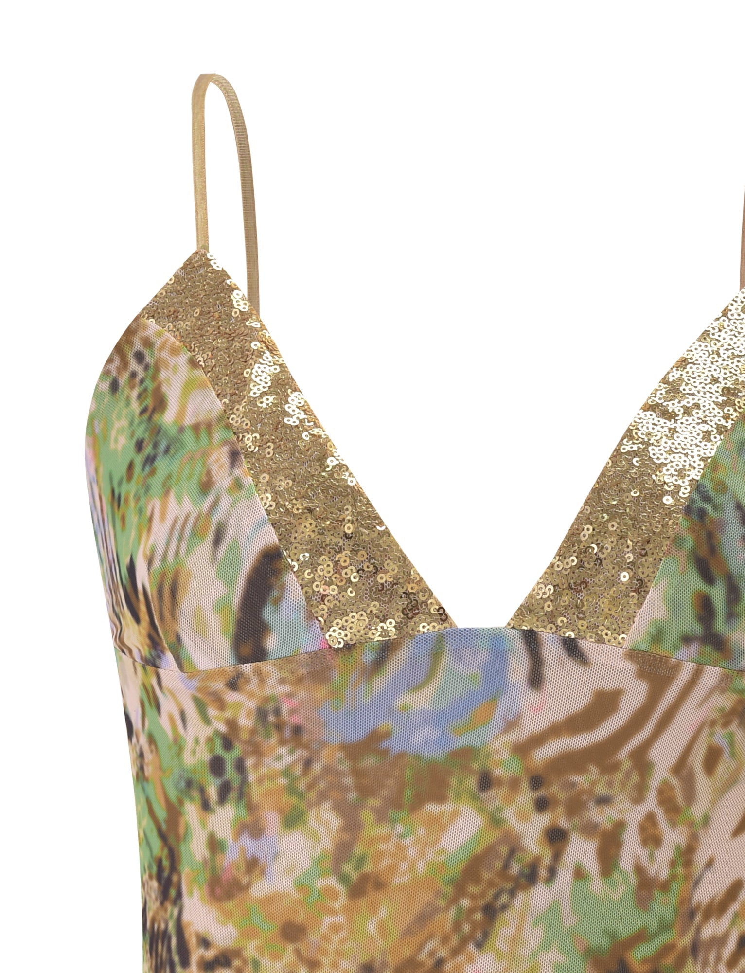 Close-up of the TIGERMIST FENELLA TOP - ANIMAL SWIRL, a mesh cami with thin straps, gold sequin V-neckline, and an abstract animal swirl pattern in green, beige, brown, and blue.