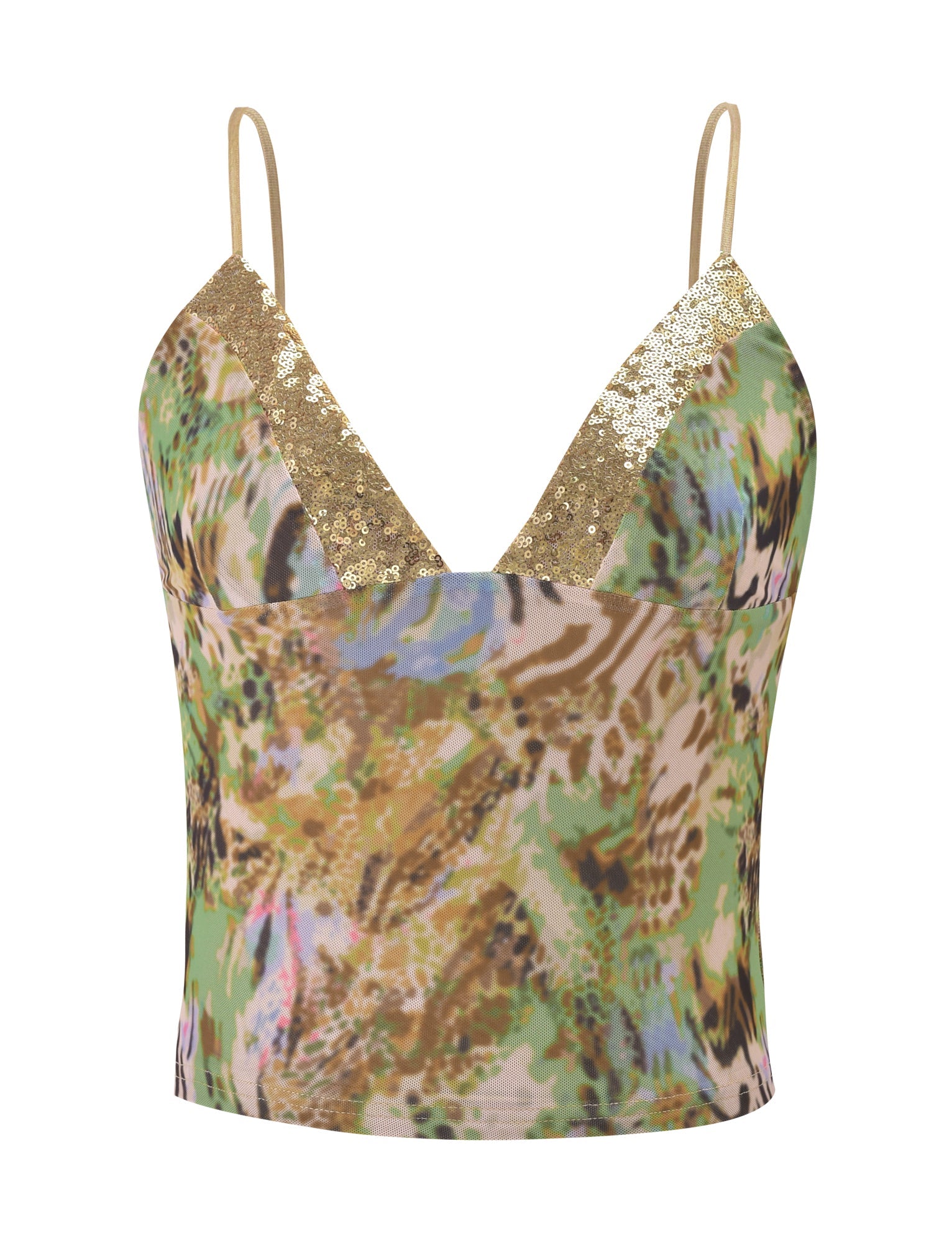 The FENELLA TOP - ANIMAL SWIRL by TIGERMIST is a women's mesh cami featuring thin straps, a sequin-detailed bust, and a multicolored abstract animal print in green, brown, beige, and blue tones.