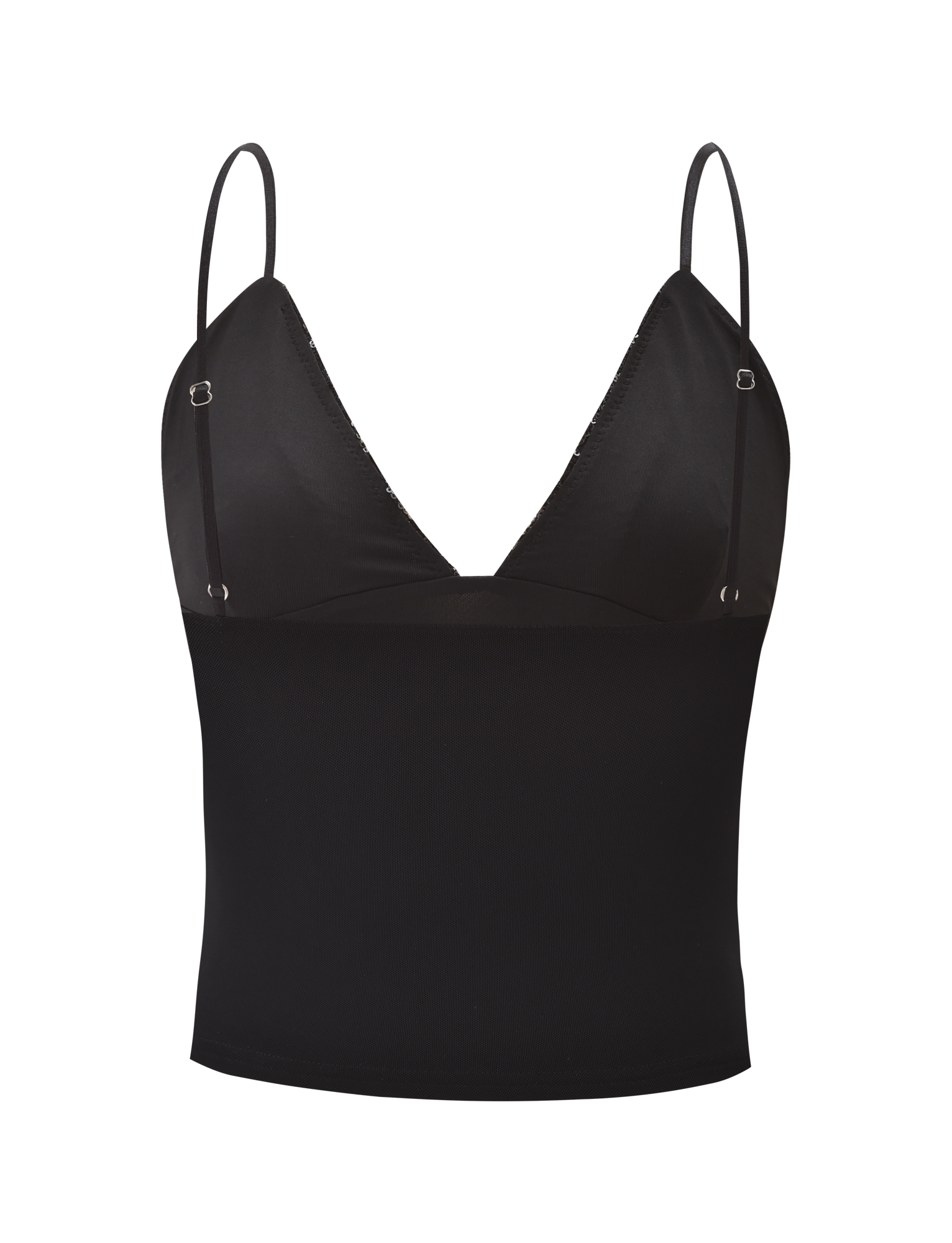 The FENELLA TOP - BLACK by TIGERMIST is a black sequin mesh tank featuring thin adjustable spaghetti straps and a deep V-neckline, shown against a plain white background.