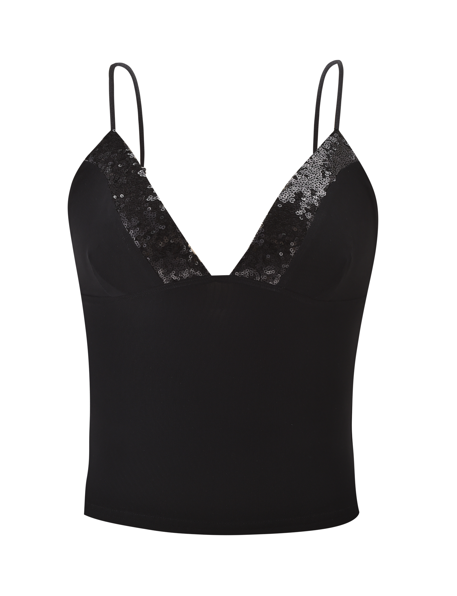 The FENELLA TOP - BLACK by TIGERMIST is a black sequin mesh tank with a V-neckline, adorned in black and silver sequins, featuring fitted smooth fabric and adjustable spaghetti straps for the perfect fit.