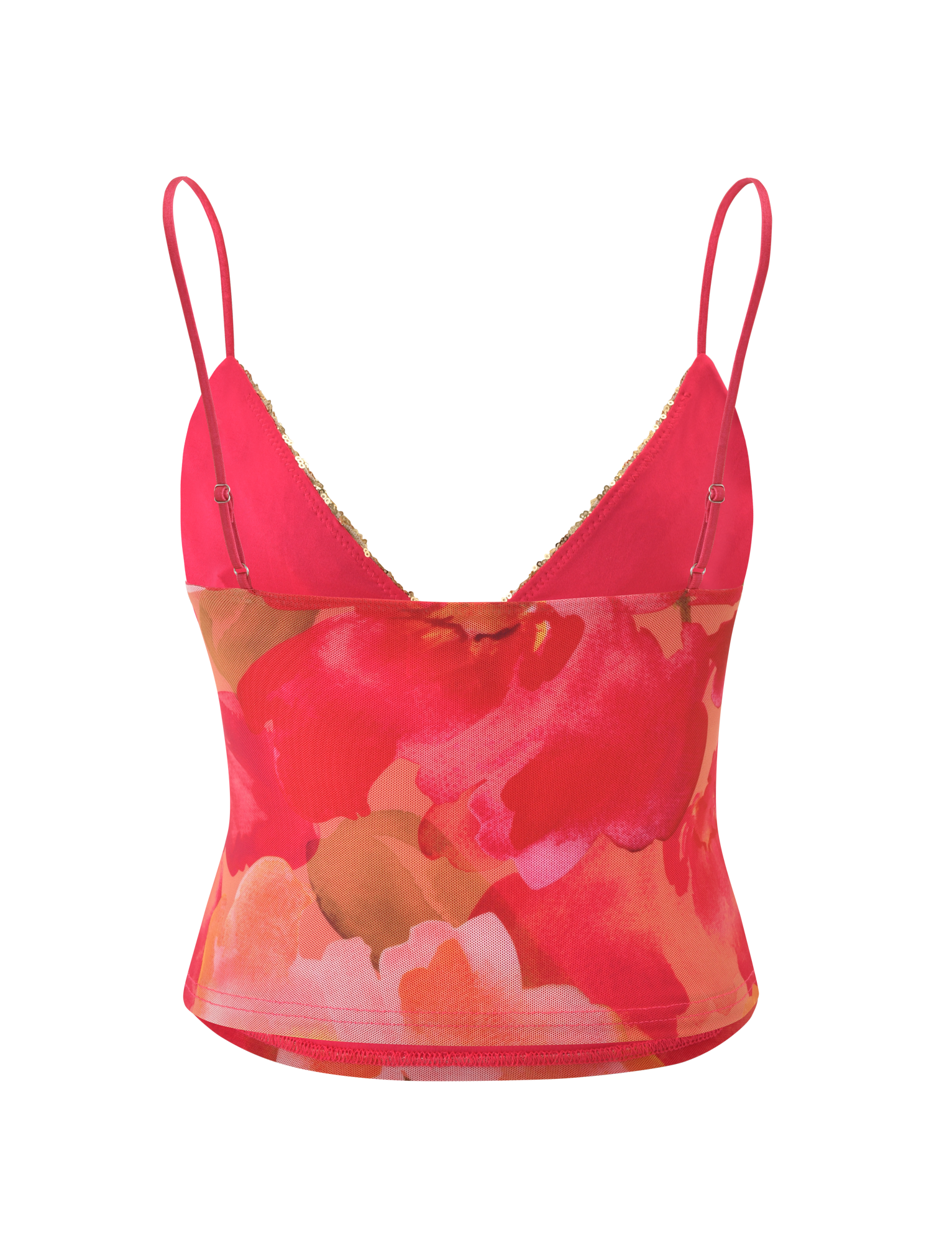 The FENELLA TOP - DAIQUIRI FLORAL by TIGERMIST is a sleeveless, fitted mesh cami with thin straps, featuring a vibrant abstract floral pattern in red, pink, orange, and yellow on a white background.