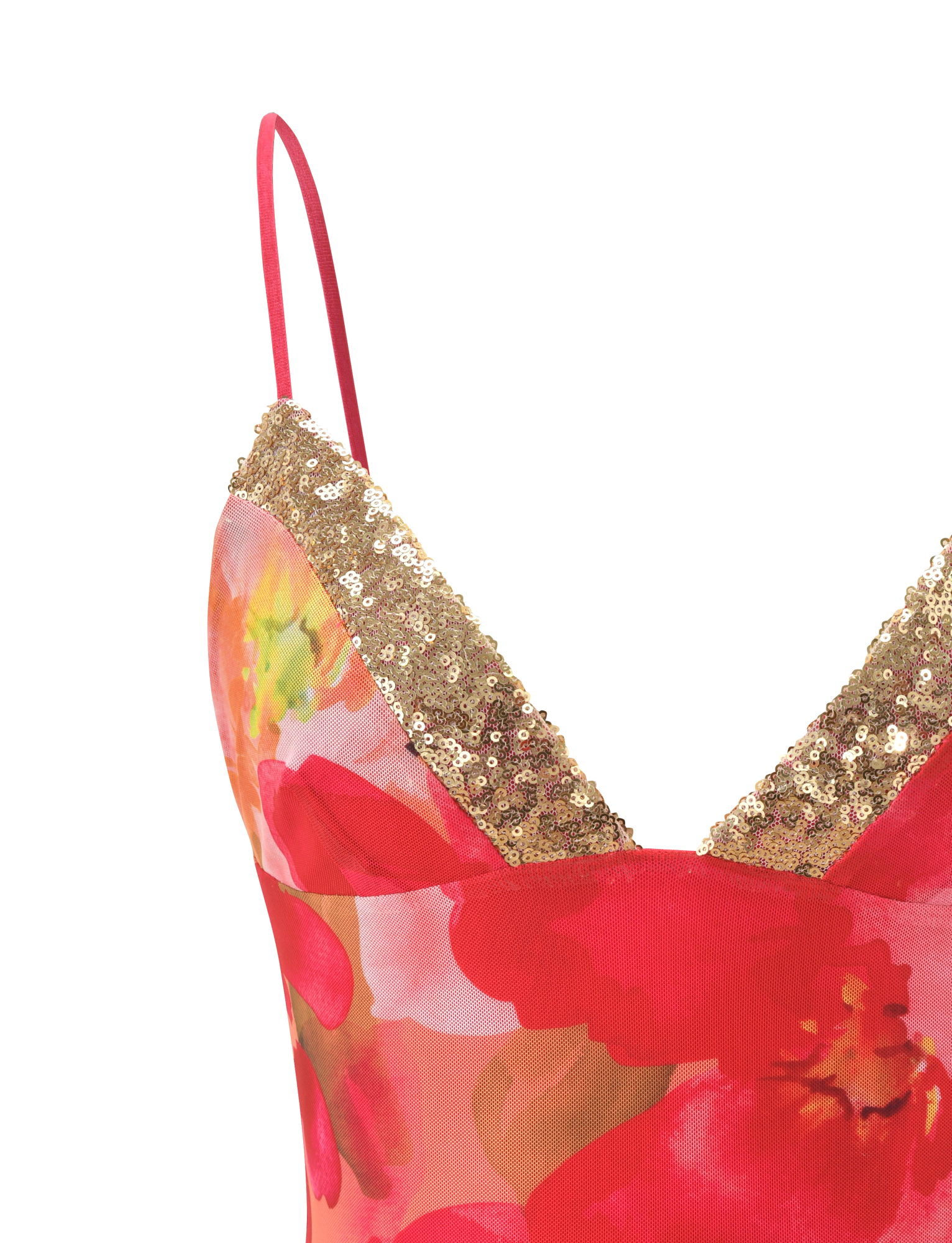 Close-up of the FENELLA TOP - DAIQUIRI FLORAL by TIGERMIST, a cami top with thin red straps, featuring a vibrant red and pink floral pattern and a V-shaped bust trimmed with gold sequins.