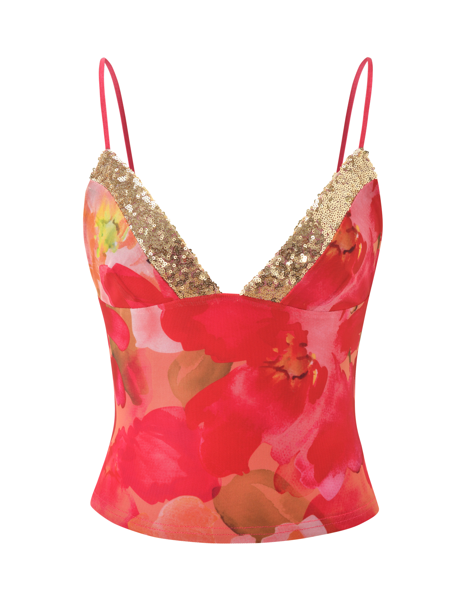 The FENELLA TOP - DAIQUIRI FLORAL by TIGERMIST is a fitted cami with thin straps, featuring a bold red and pink floral print and a deep V-neckline embellished with gold sequins.