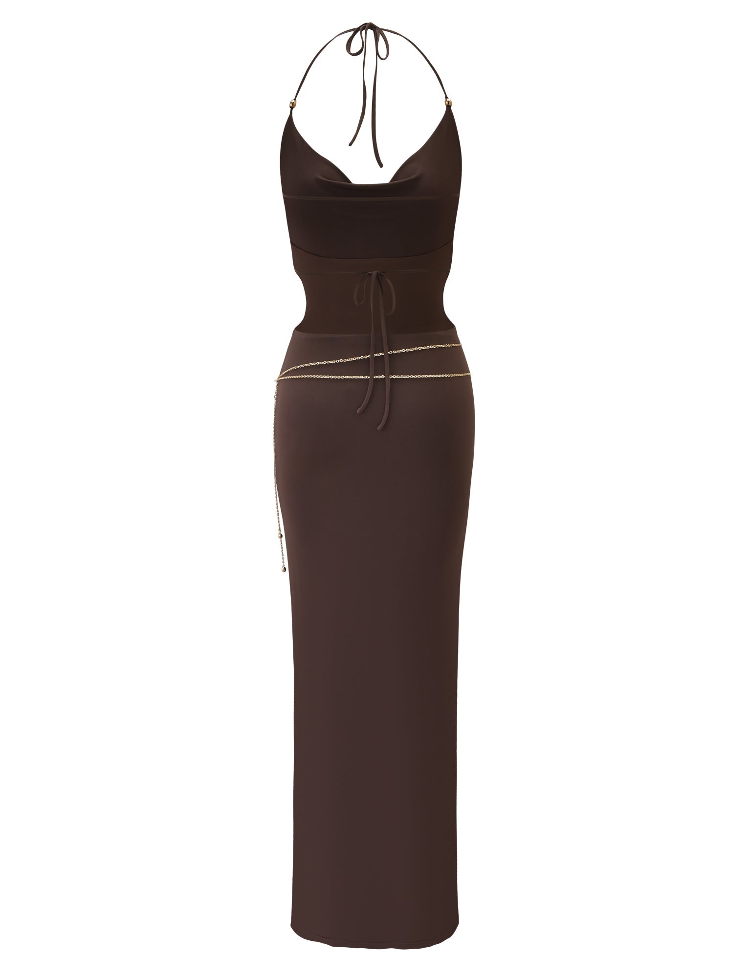The SURIYA MAXI DRESS by TIGERMIST is a sleeveless, floor-length chocolate brown dress with a cowl neck, adjustable halter straps, fitted waist with thin belt, and gold chain detail at the hips.