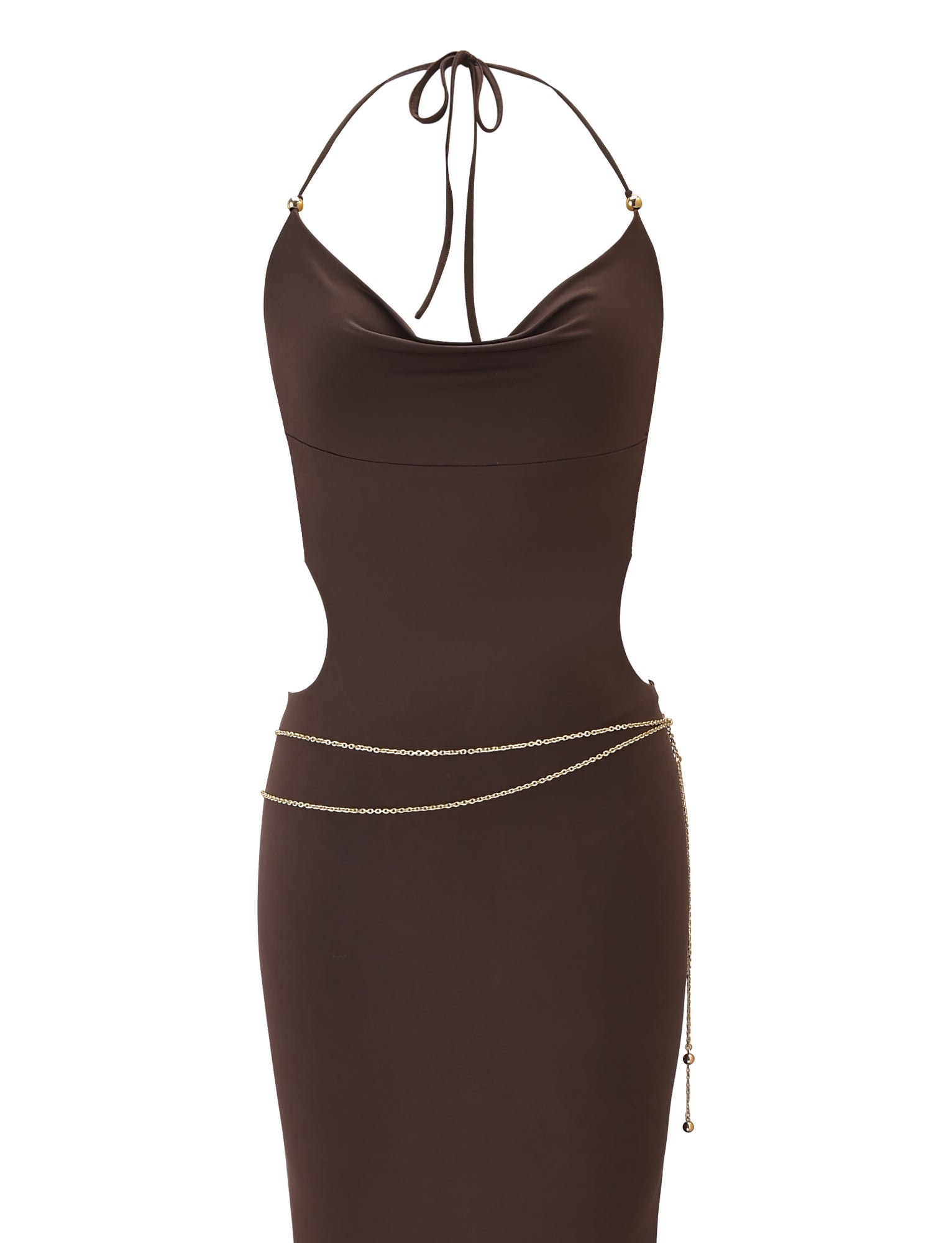 The SURIYA MAXI DRESS by TIGERMIST is a chocolate brown sleeveless maxi with a cowl neck, adjustable halter straps, waist side cutouts, and a thin gold chain around the hips.