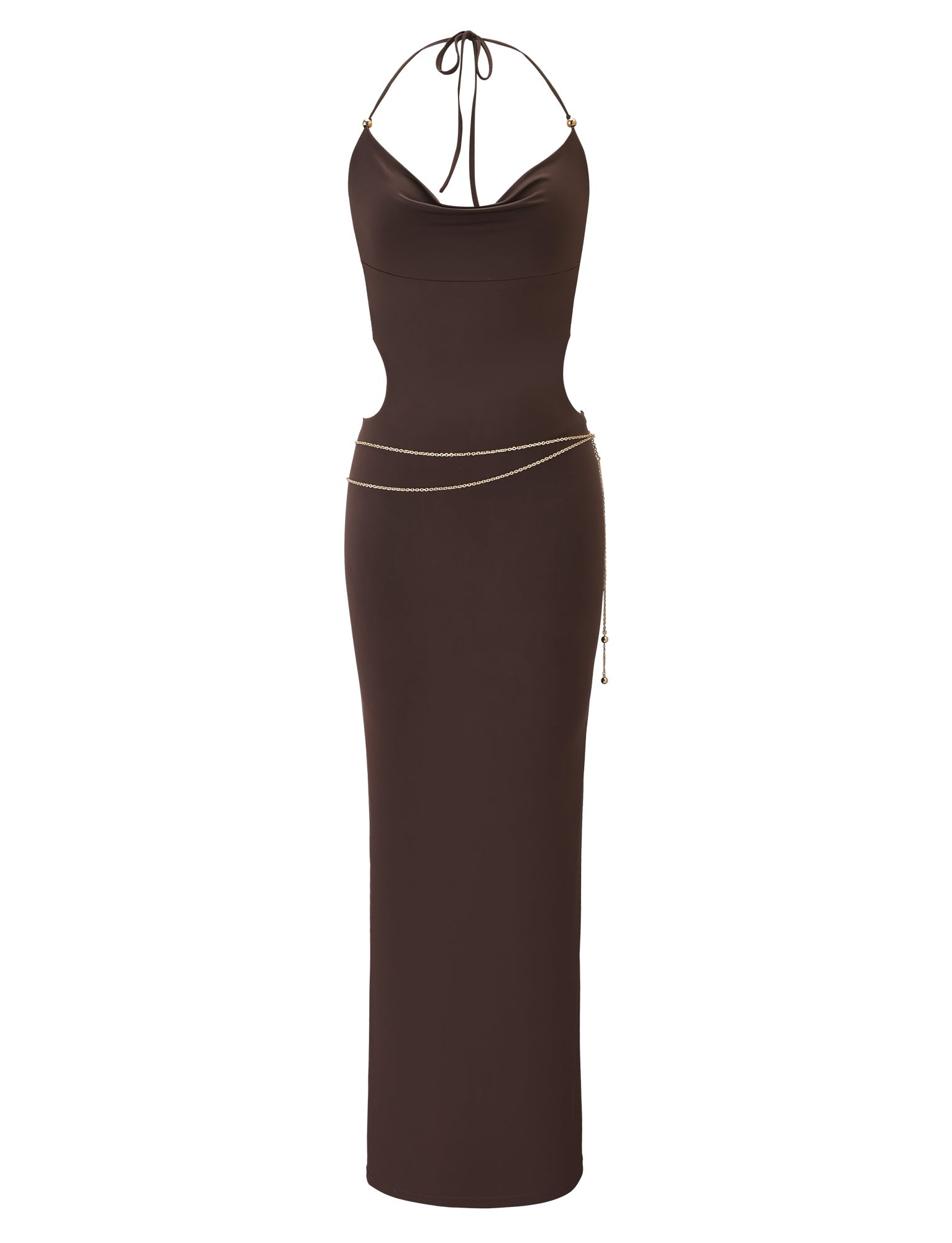 The SURIYA MAXI DRESS by TIGERMIST features a chocolate brown cowl neck, adjustable halter straps that tie at the neck, a floor-length silhouette, and an elegant gold waist chain.