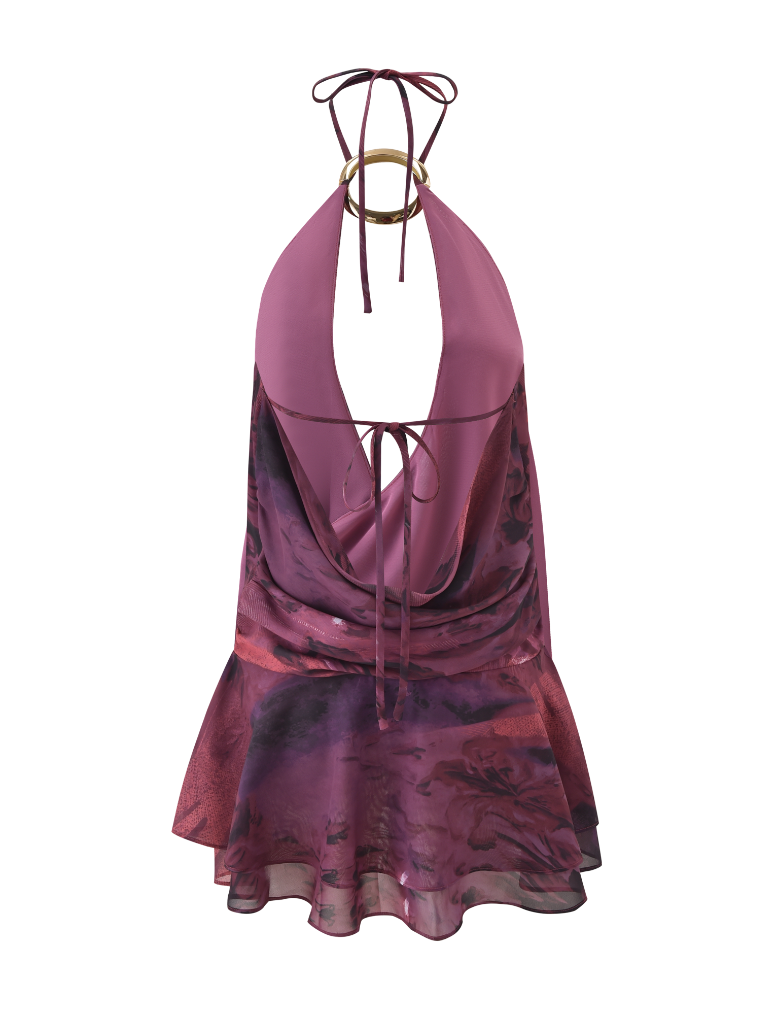 The TIGERMIST INDIGO MINI DRESS 2.0 in Burgundy Romantica features a sleeveless halter neck, gold ring detail, cowl front, open back with tie straps, and a sheer marbled peplum hem—perfect to pair with a layered micro mini skirt.