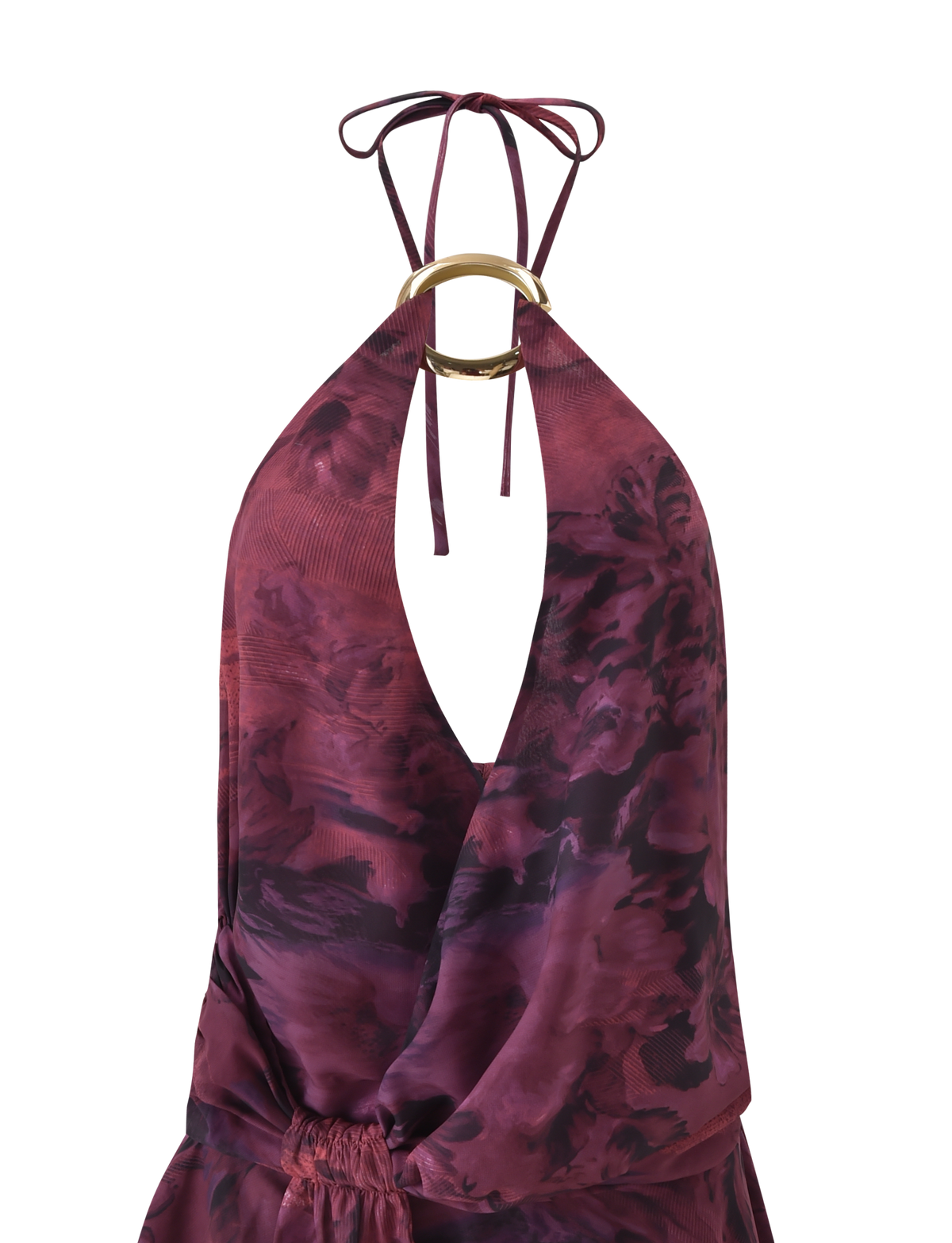 The TIGERMIST INDIGO MINI DRESS 2.0 - BURGUNDY ROMANTICA is a halter neck mini dress with a plunging neckline, burgundy floral print, layered micro mini skirt, gold neck detail, and tie closure for bold elegance.