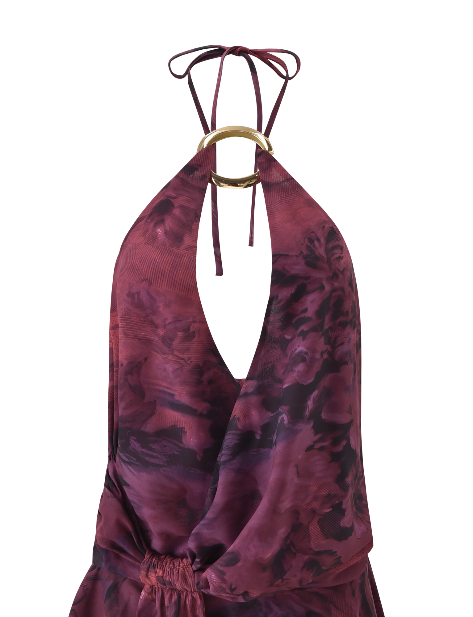The TIGERMIST INDIGO MINI DRESS 2.0 - BURGUNDY ROMANTICA is a halter neck mini dress with a plunging neckline, burgundy floral print, layered micro mini skirt, gold neck detail, and tie closure for bold elegance.