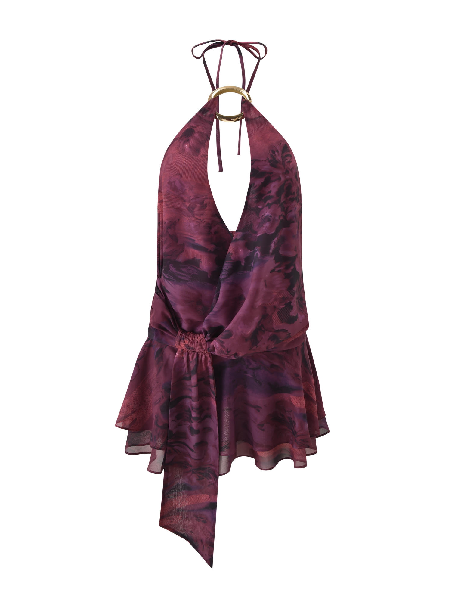 The TIGERMIST INDIGO MINI DRESS 2.0 - BURGUNDY ROMANTICA features a sleeveless halter neck, gold ring detail, gathered waist, and an asymmetrical ruffled micro mini skirt in a maroon and dark purple marble pattern.