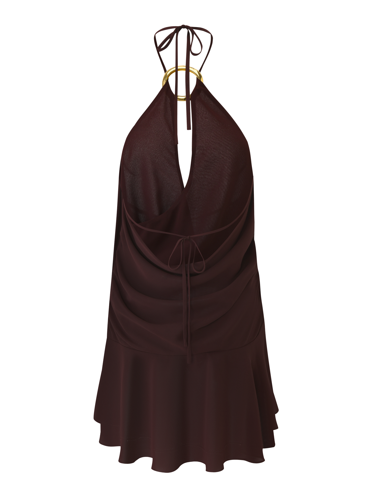 The TIGERMIST INDIGO MINI DRESS 2.0 in Chocolate is a sleeveless halter dress featuring a plunging neckline, ruched waist with front tie detail, gold-accented neck straps, and a flared layered skirt for movement.