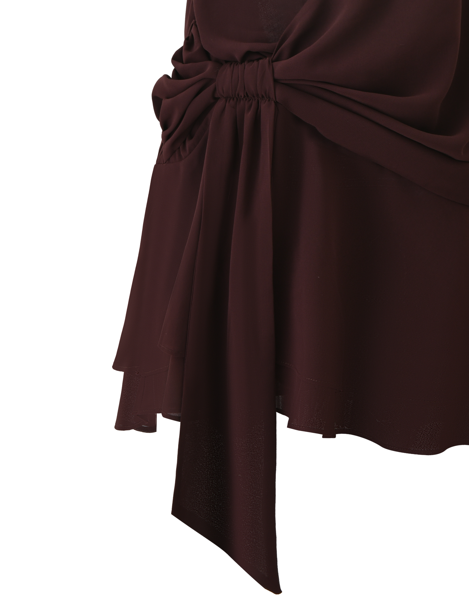 A close-up of the TIGERMIST INDIGO MINI DRESS 2.0 in chocolate, crafted from chiffon and featuring a large gathered bow with elegant, flowing drapes down the front.