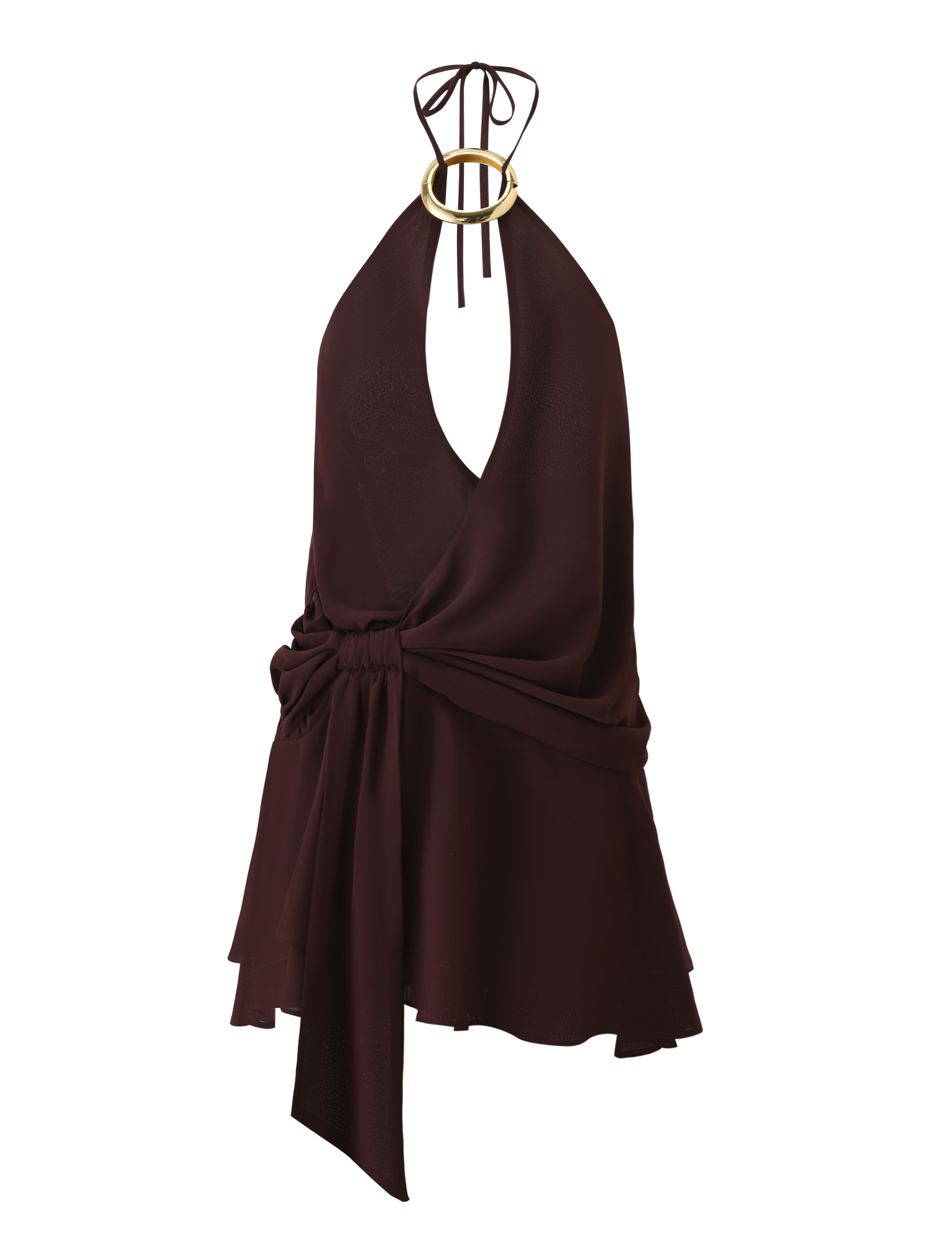 The INDIGO MINI DRESS 2.0 - CHOCOLATE by TIGERMIST is a sleeveless halter mini dress in flowy chiffon with a plunging neckline, gold ring neck detail, layered asymmetrical skirt, and wide waist tie for an elegant look.