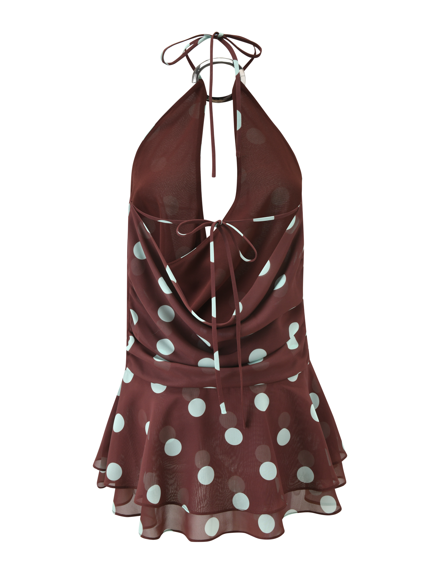The TIGERMIST INDIGO MINI DRESS 2.0 in Chocolate Blue Dot is a sleeveless halter mini dress with white polka dots, cowl neckline, neck and waist tie details, and a flared ruffled hem, inspired by playful blue dot styles.