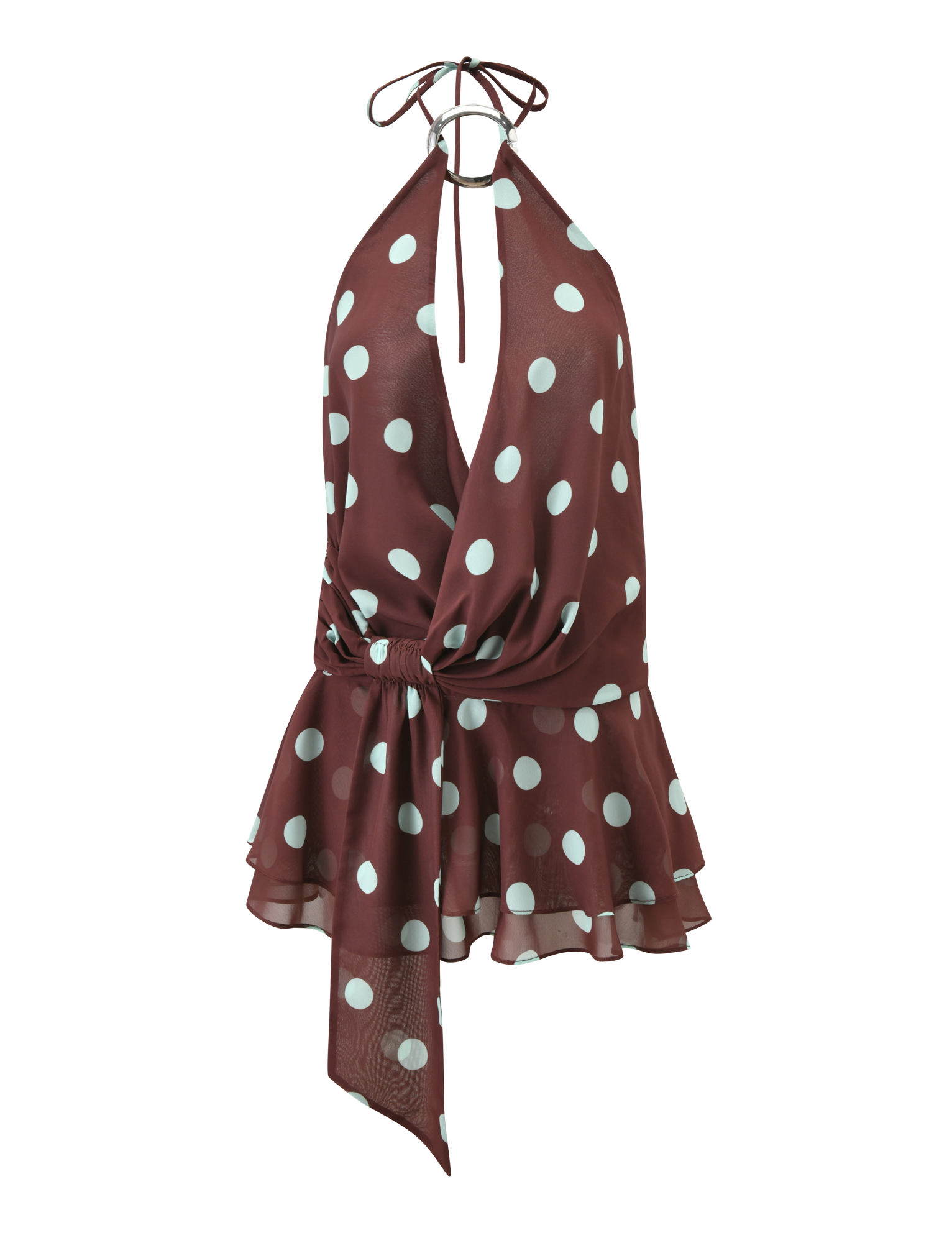 The TIGERMIST INDIGO MINI DRESS 2.0 in Chocolate Blue Dot features a sleeveless halter neckline, deep V-neck, blue polka dots, ruffled peplum hem, and waist tie—ideal to style with your go-to micro mini skirt.