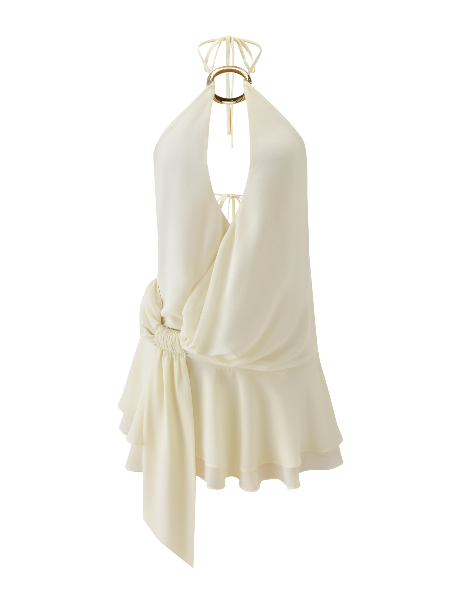 The INDIGO MINI DRESS 2.0 by TIGERMIST is a sleeveless ivory halter mini with a deep V-neckline, gathered adjustable waist, draped fabric, ruffle hem, ring detail at the neckline, and tie-back straps for a customizable fit.