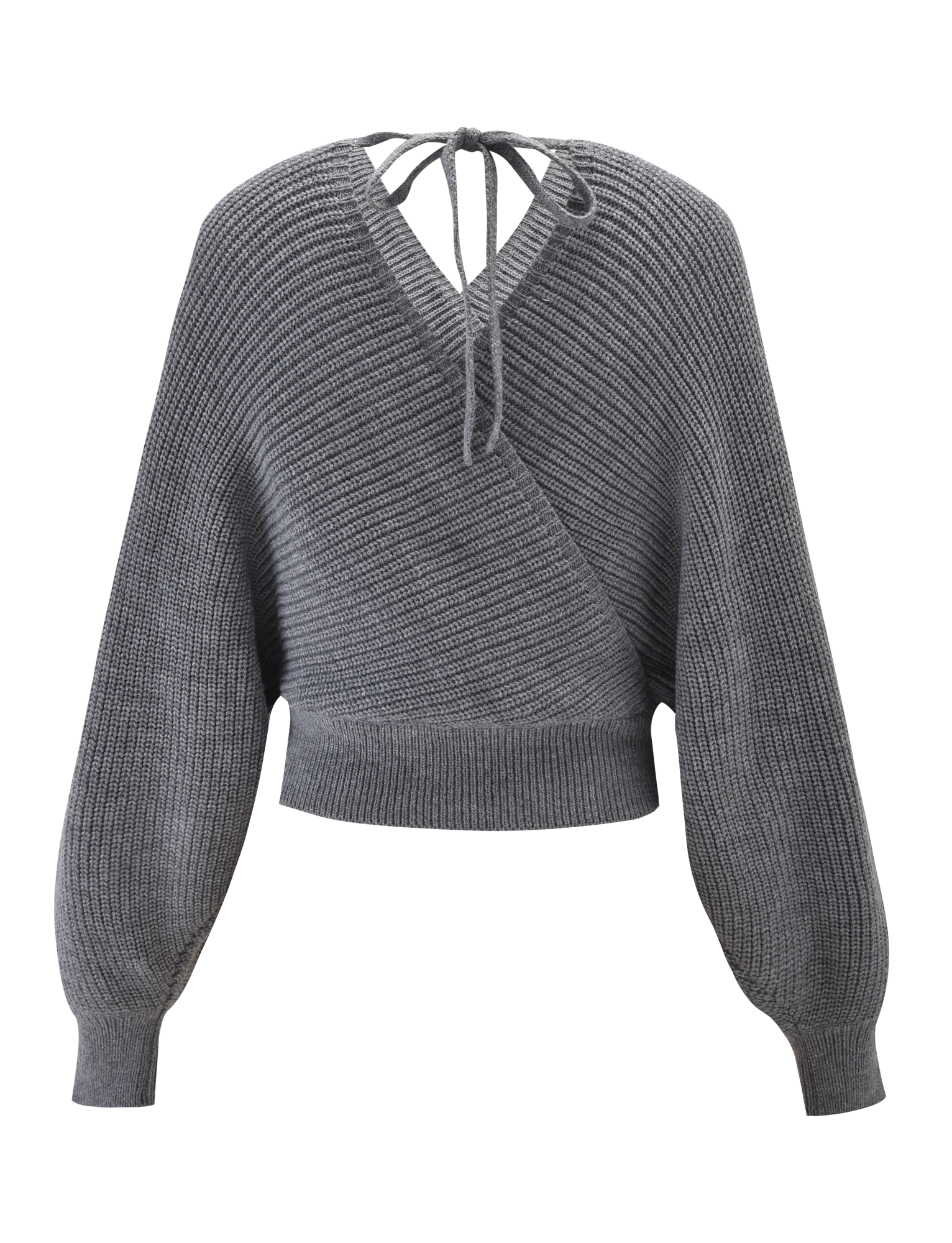 The RAVEN JUMPER - GREY by TIGERMIST is a chic faux wrap knit with long sleeves, ribbed cuffs and hem, plus an open back tied at the neckline—blending comfort and style for a versatile look.