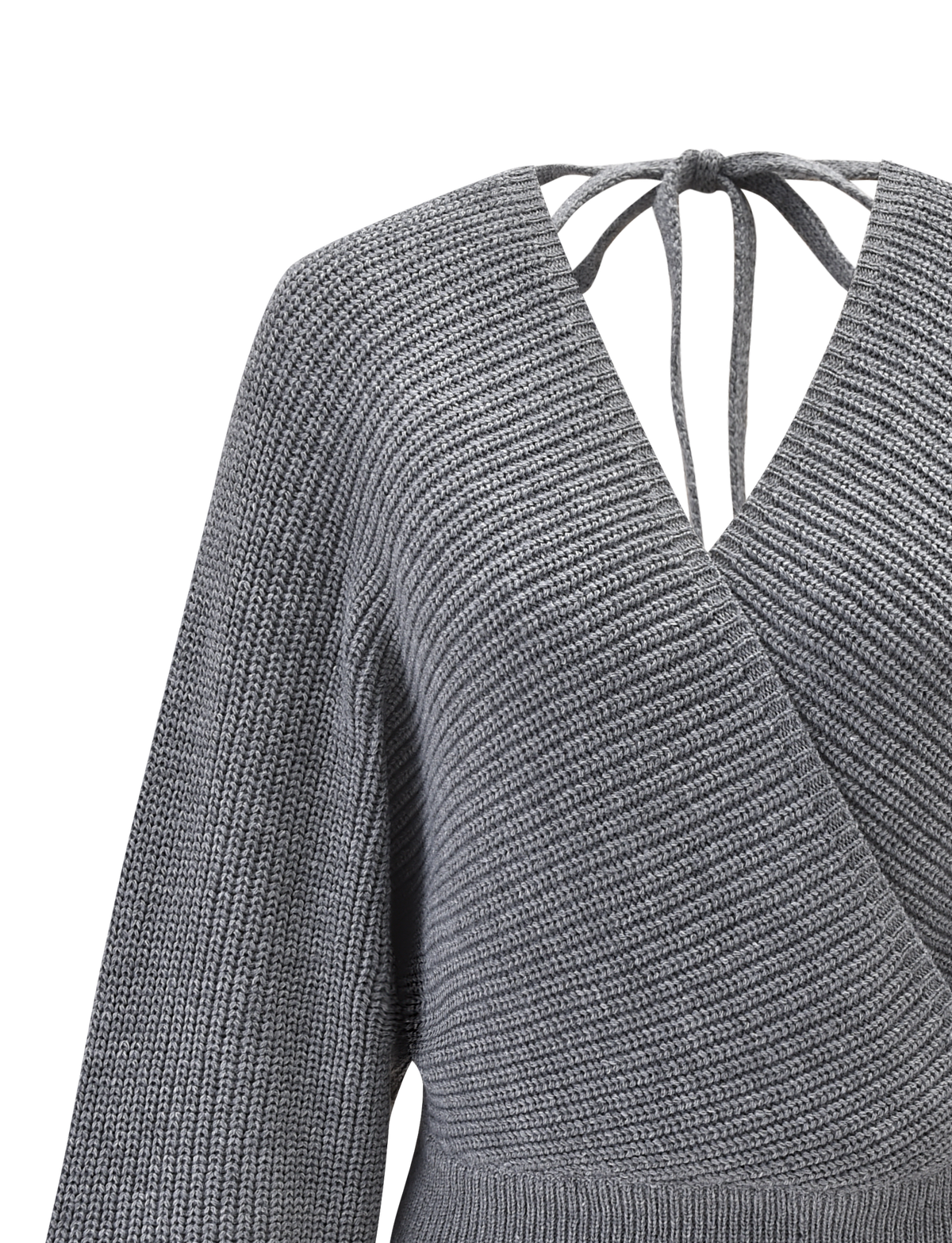 The RAVEN JUMPER by TIGERMIST is a grey faux wrap knit with a V-neckline, long sleeves, ribbed texture, and a chic tie closure at the back of the neck.