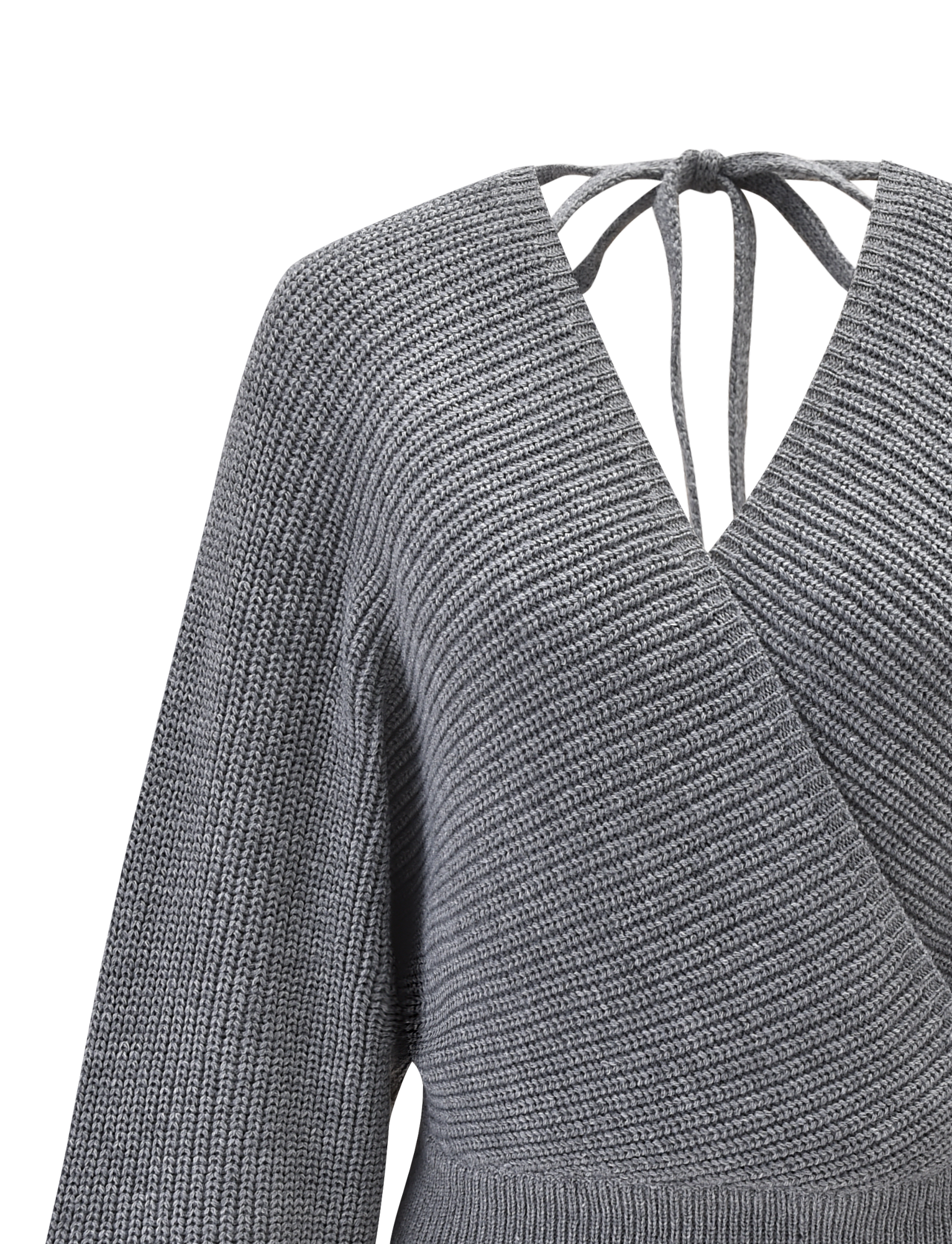 The RAVEN JUMPER by TIGERMIST is a grey faux wrap knit with a V-neckline, long sleeves, ribbed texture, and a chic tie closure at the back of the neck.