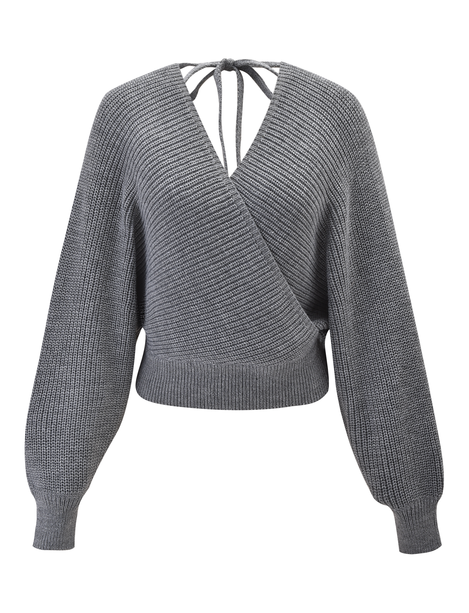 The TIGERMIST RAVEN JUMPER - GREY features a faux wrap style, ribbed knit, long bell sleeves, deep V-neck, neck tie-back detail, and a fitted waistband for a chic modern look.