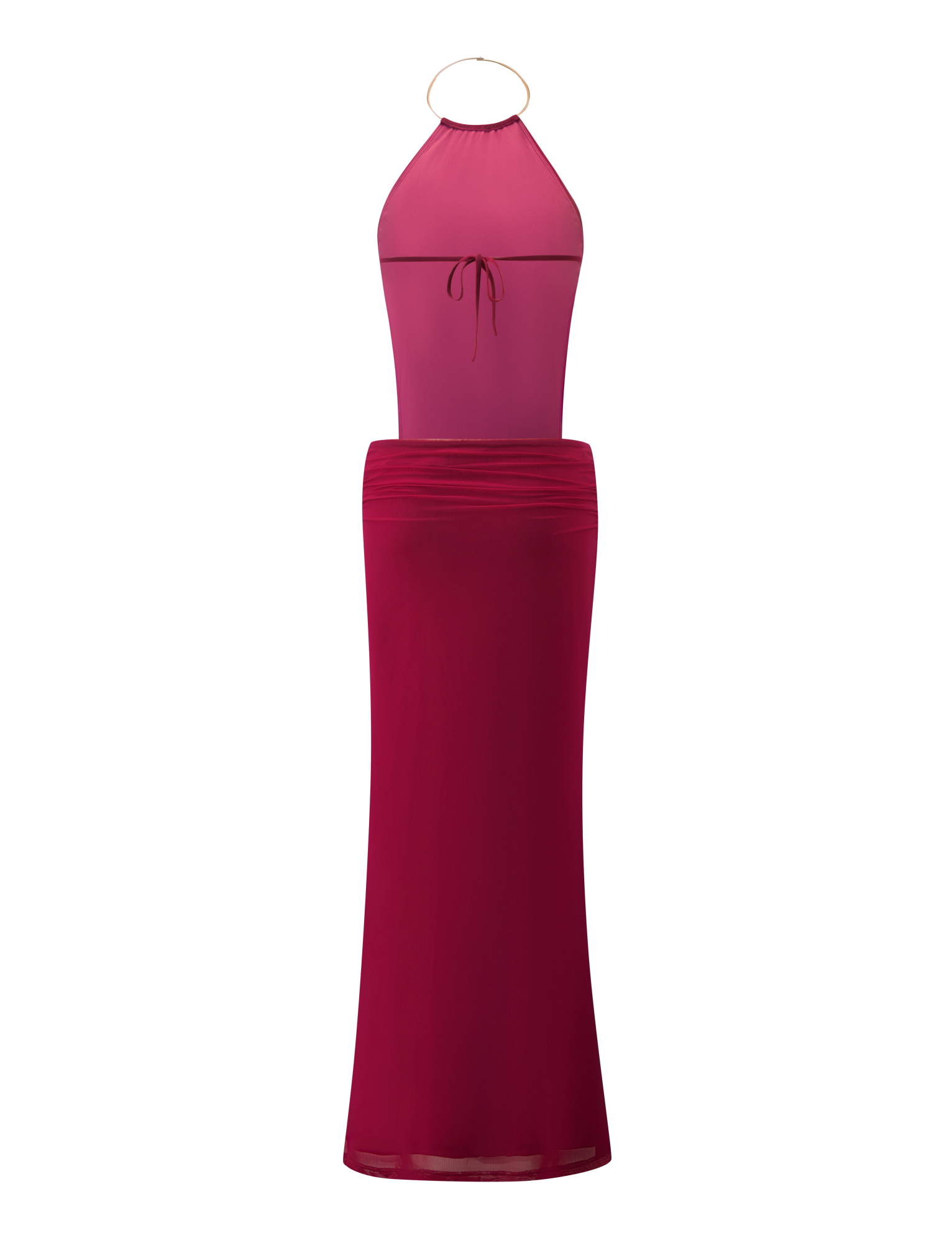 The TIGERMIST EVANNA MAXI DRESS - BERRY is a sleeveless, floor-length mesh maxi dress in two red shades, with a halter neckline featuring a gold ring and chest string tie. The top is lighter red, the skirt is darker.